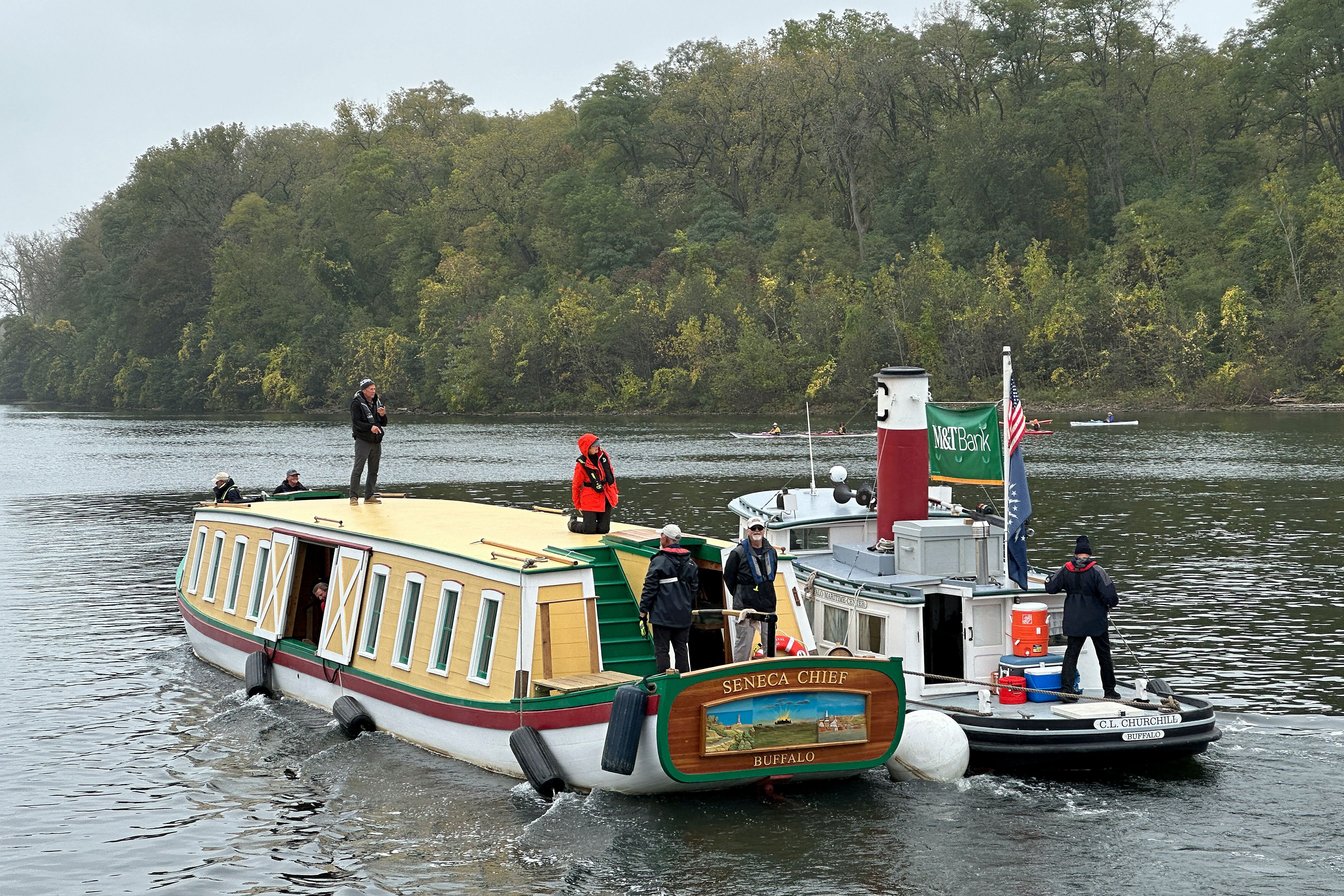 The Seneca Chief travels down the Mohawk River, Oct. 21, 2025, in Glenville, N.Y., commemorating New York Gov. DeWitt Clinton's inaugural 1825 journey along the Erie Canal. (AP Photo/Michael Hill)