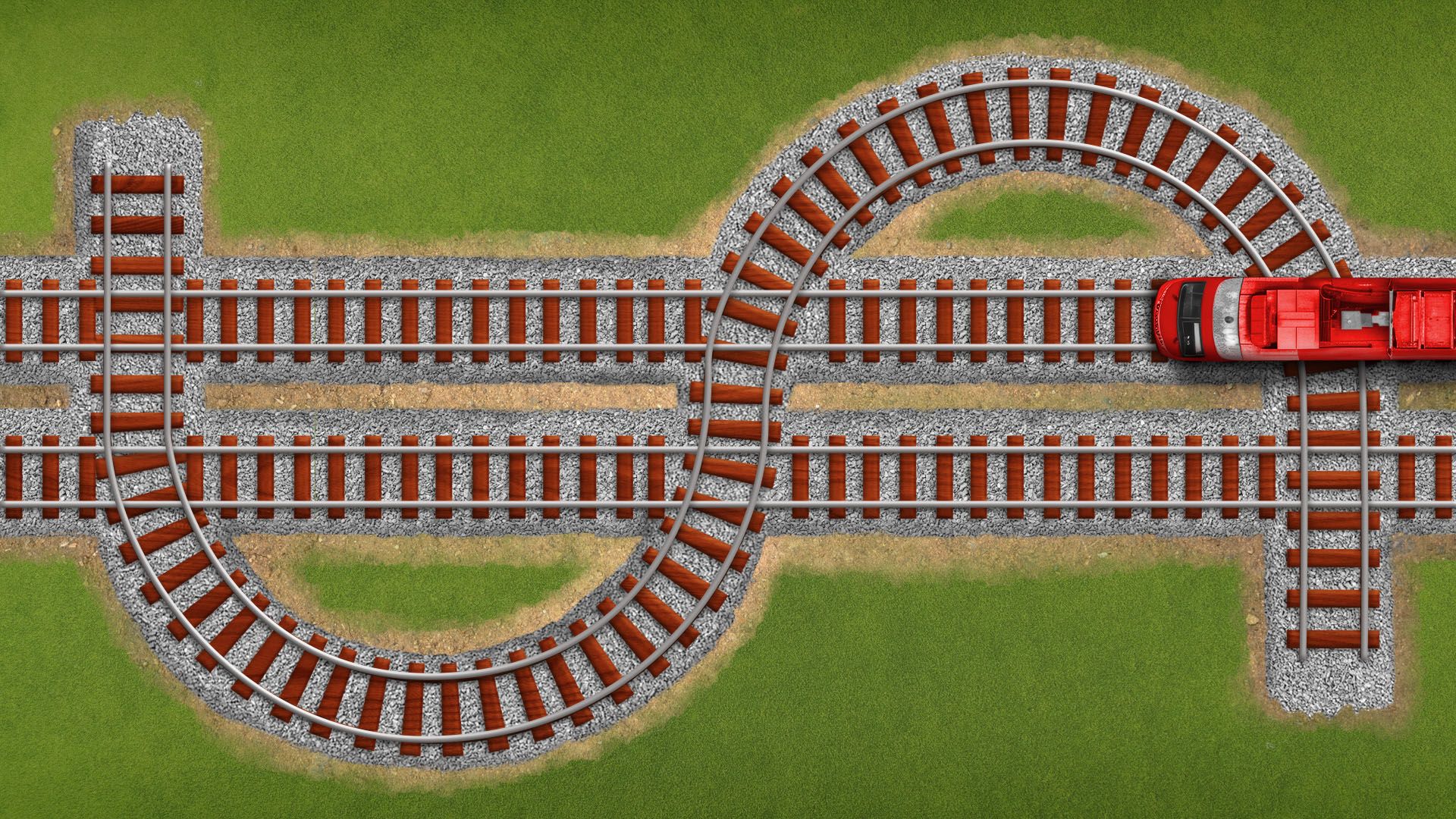 Illustration of a bird's-eye view of a red train on complex train tracks forming a horizontal a dollar sign