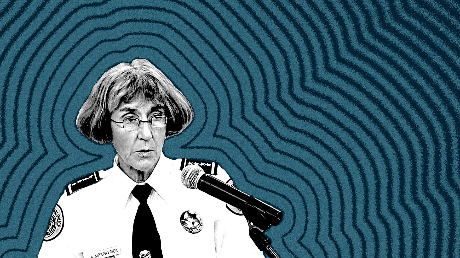 Photo illustration of New Orleans Police Chief Anne Kirkpatrick with lines radiating from her.