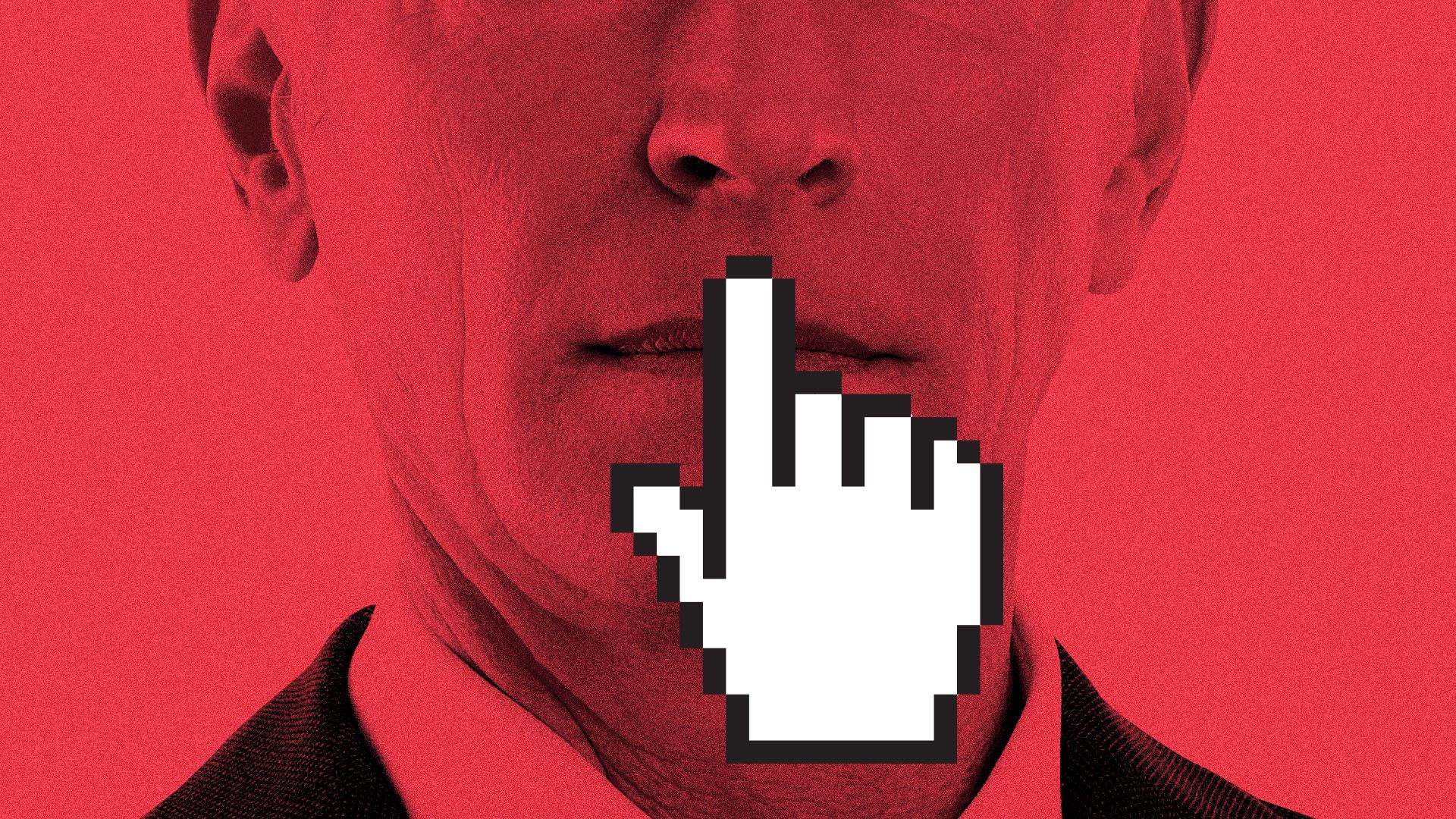 Illustration of a cursor hand shushing a man's mouth.
