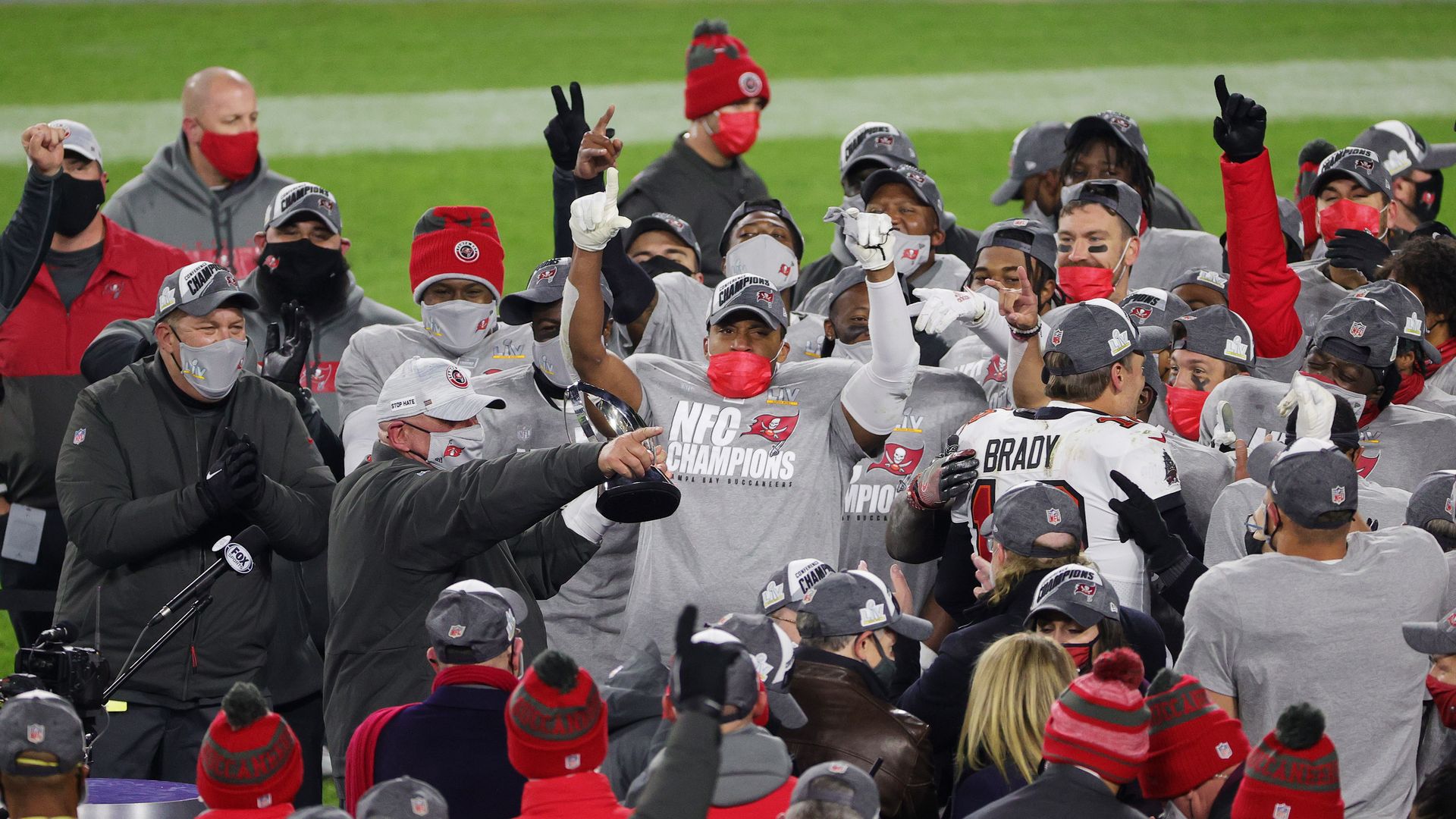 The Tampa Bay Buccaneers celebrate their win over the Green Bay Packers.