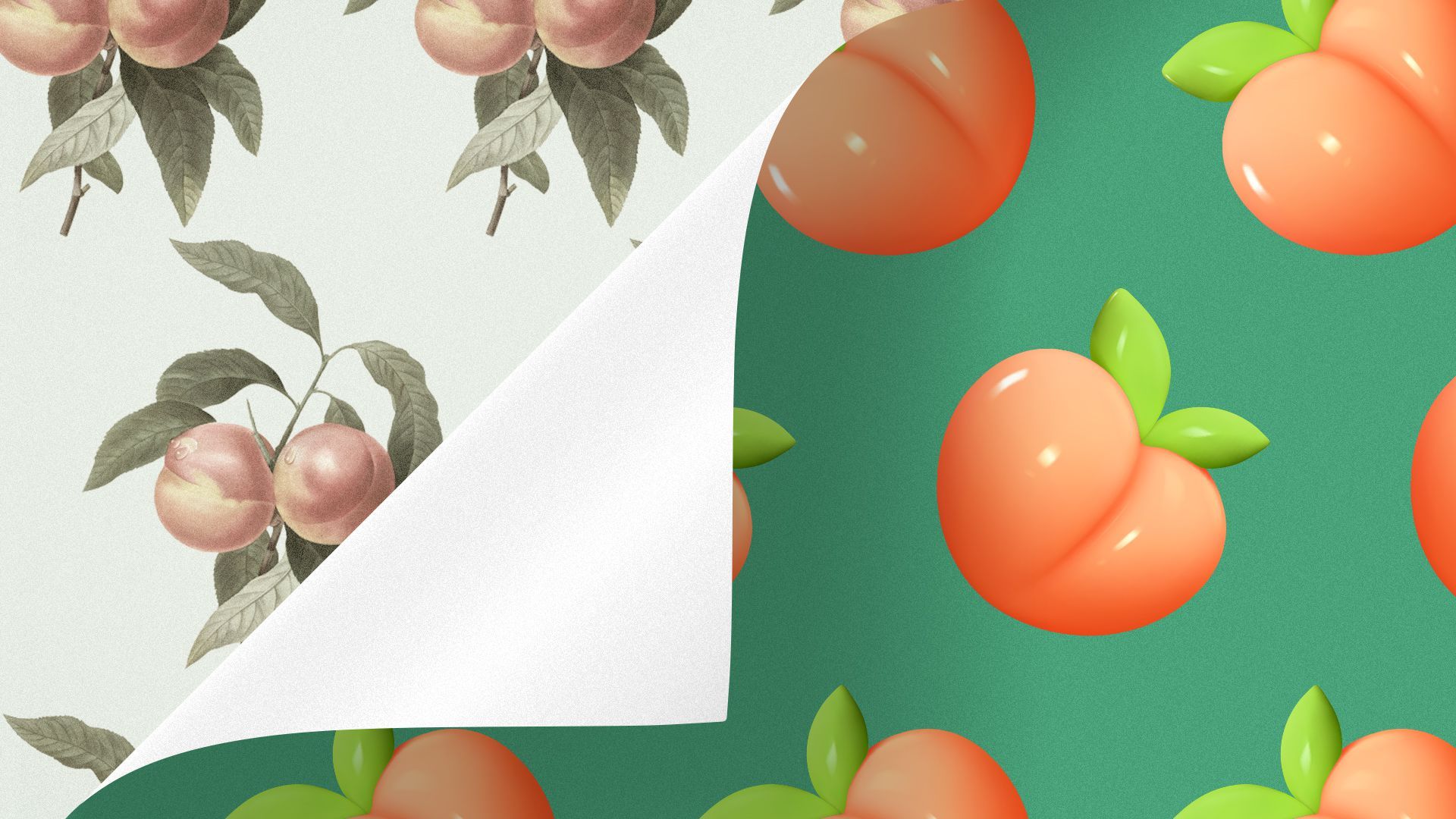 Illustration of a 3D peach emoji pattern covering a vintage peach pattern.