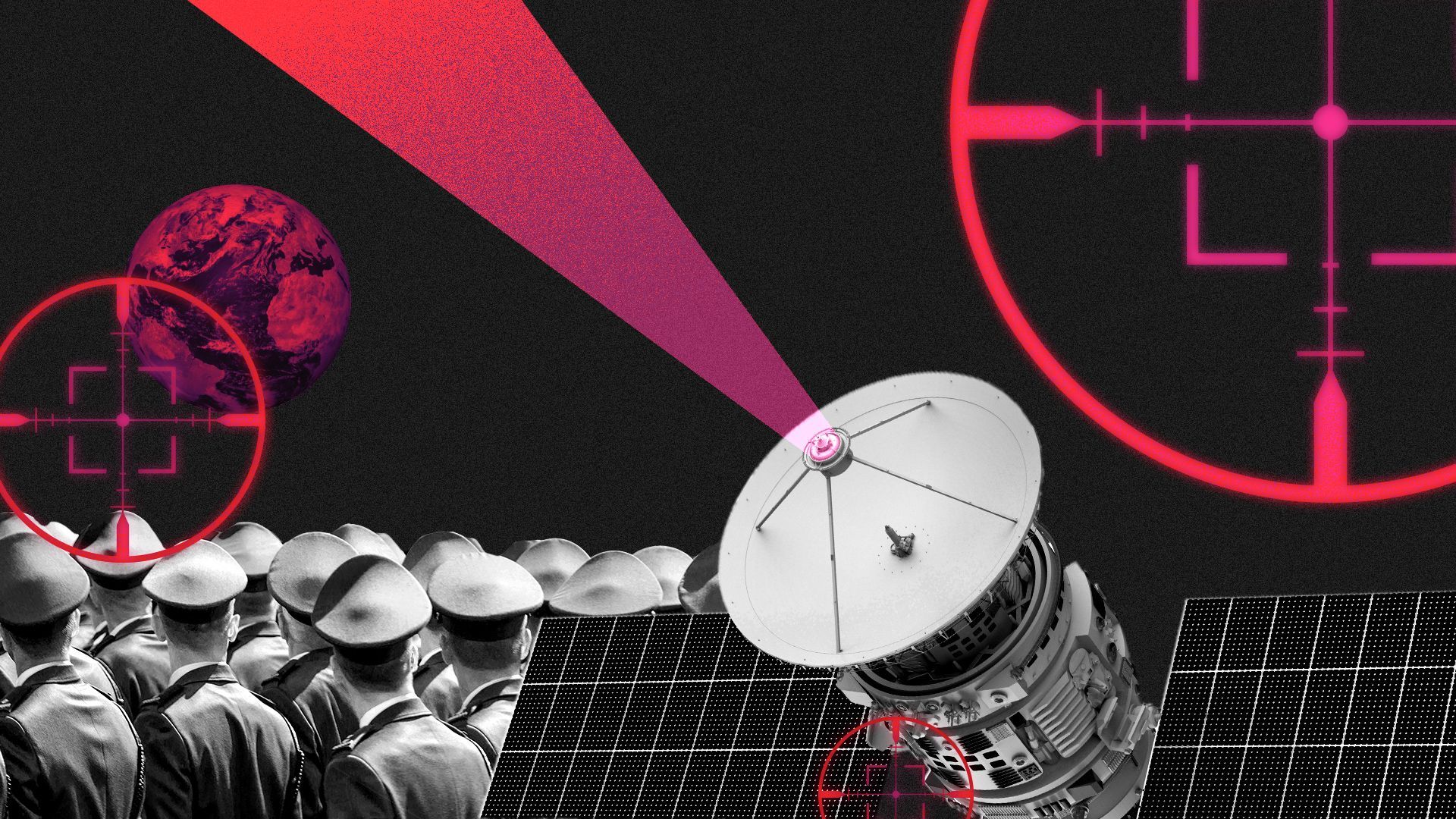 Illustration of a collage of various elements including a satellite, marching soldiers, crosshair patterns and a rising red Earth. 