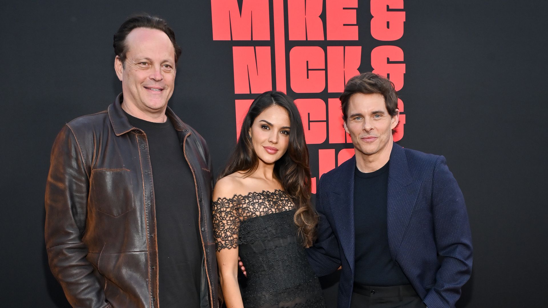 Vince Vaughn, Eiza González and James Marsden pose at their film's premiere.