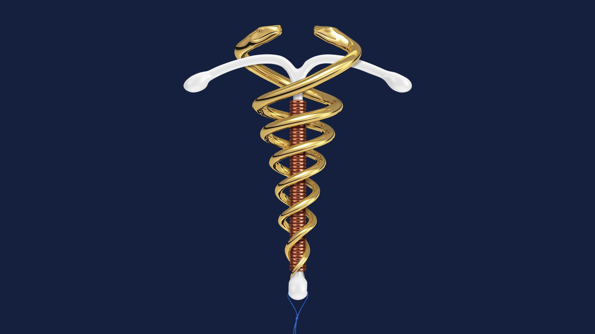 Illustration of an IUD with caduceus snakes coiled around it