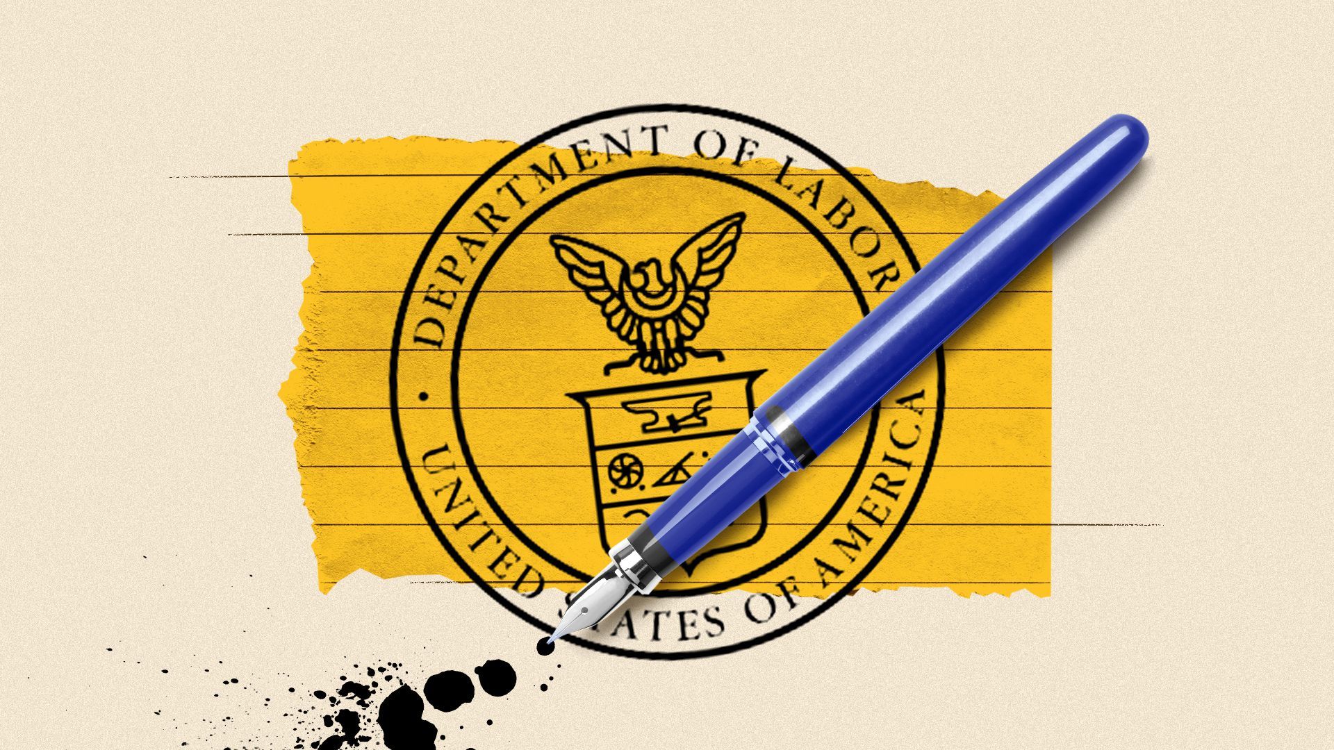 Illustration of a collage of a fountain pen, the Department of Labor seal, and a scrap of legal pad paper. 