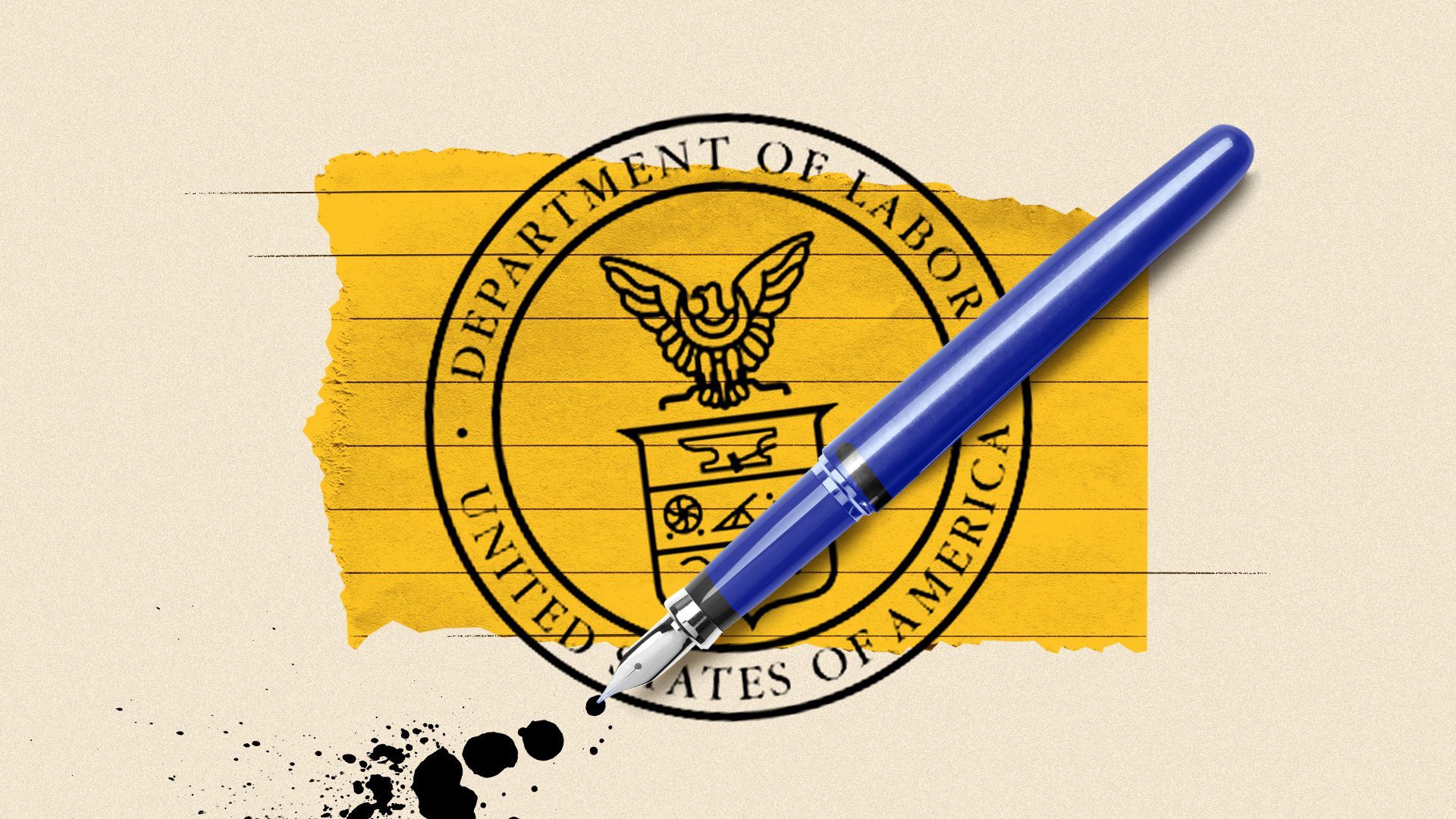 Illustration of a collage of a fountain pen, the Department of Labor seal, and a scrap of legal pad paper.