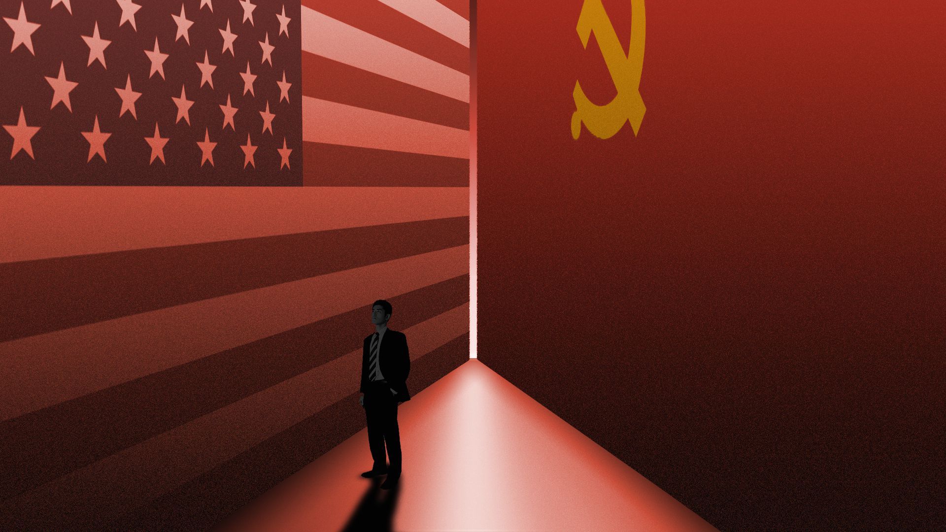 Illustration of a man trapped between two towering walls, that of the U.S. and CCP.