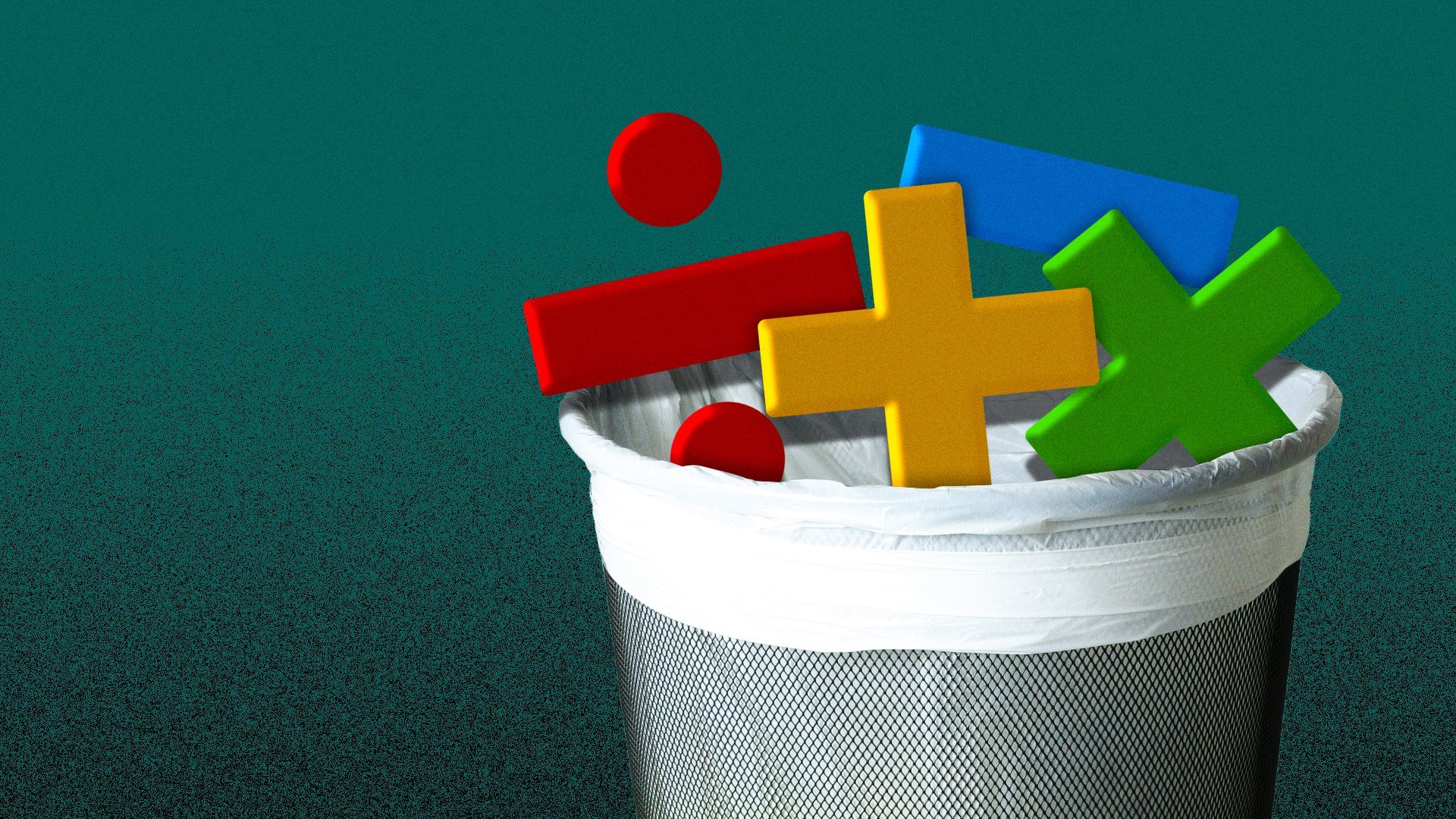 Illustration of math symbols in a trash can.