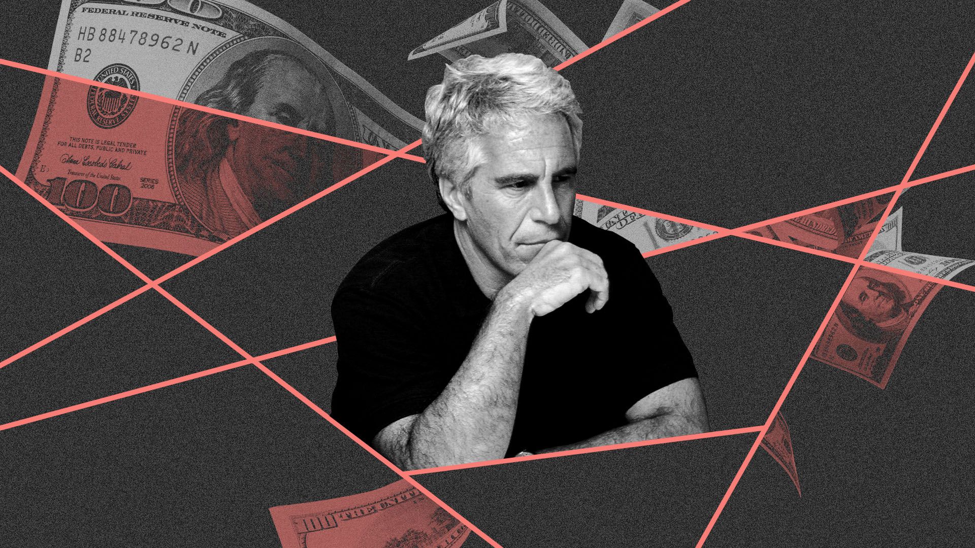In this illustration, Jeffrey Epstein is surrounded by money