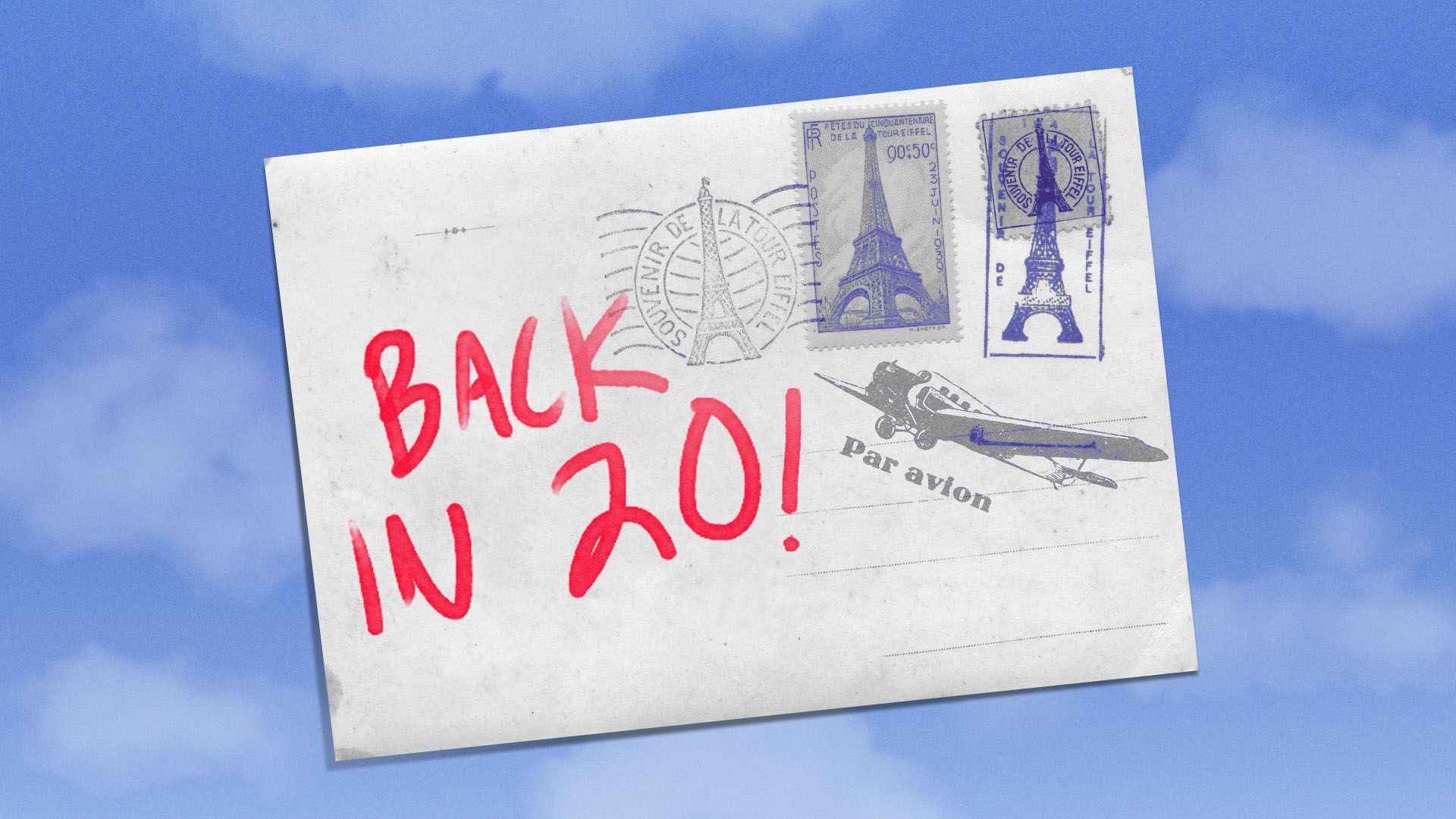 Illustration of a postcard with Paris stamps on it that reads "back in 20!"