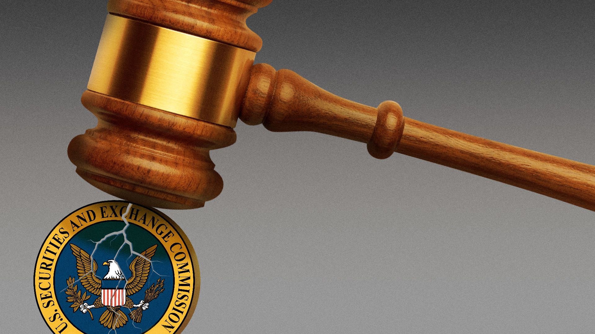 Illustration of a gavel cracking the SEC logo.