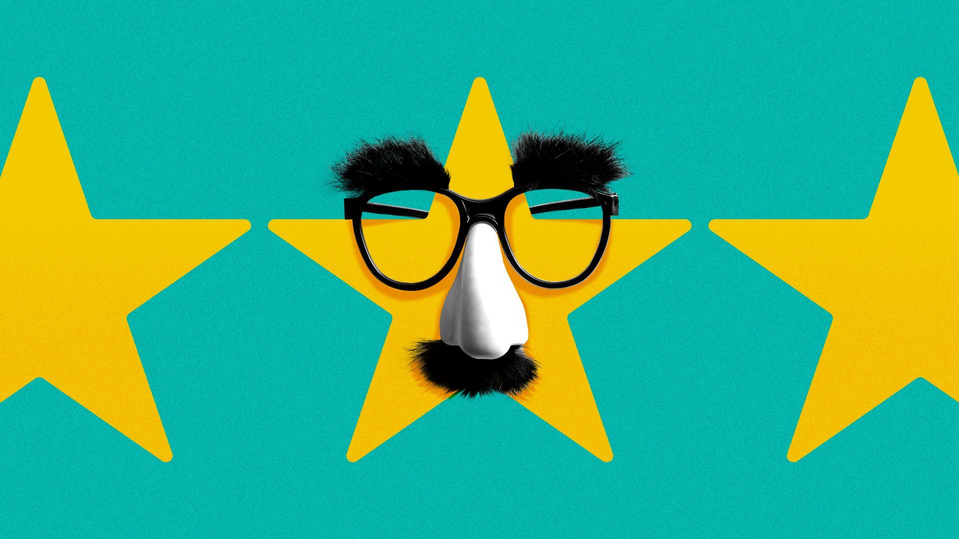 Illustration of three stars, one of which is wearing a fake nose, mustache and glasses disguise.