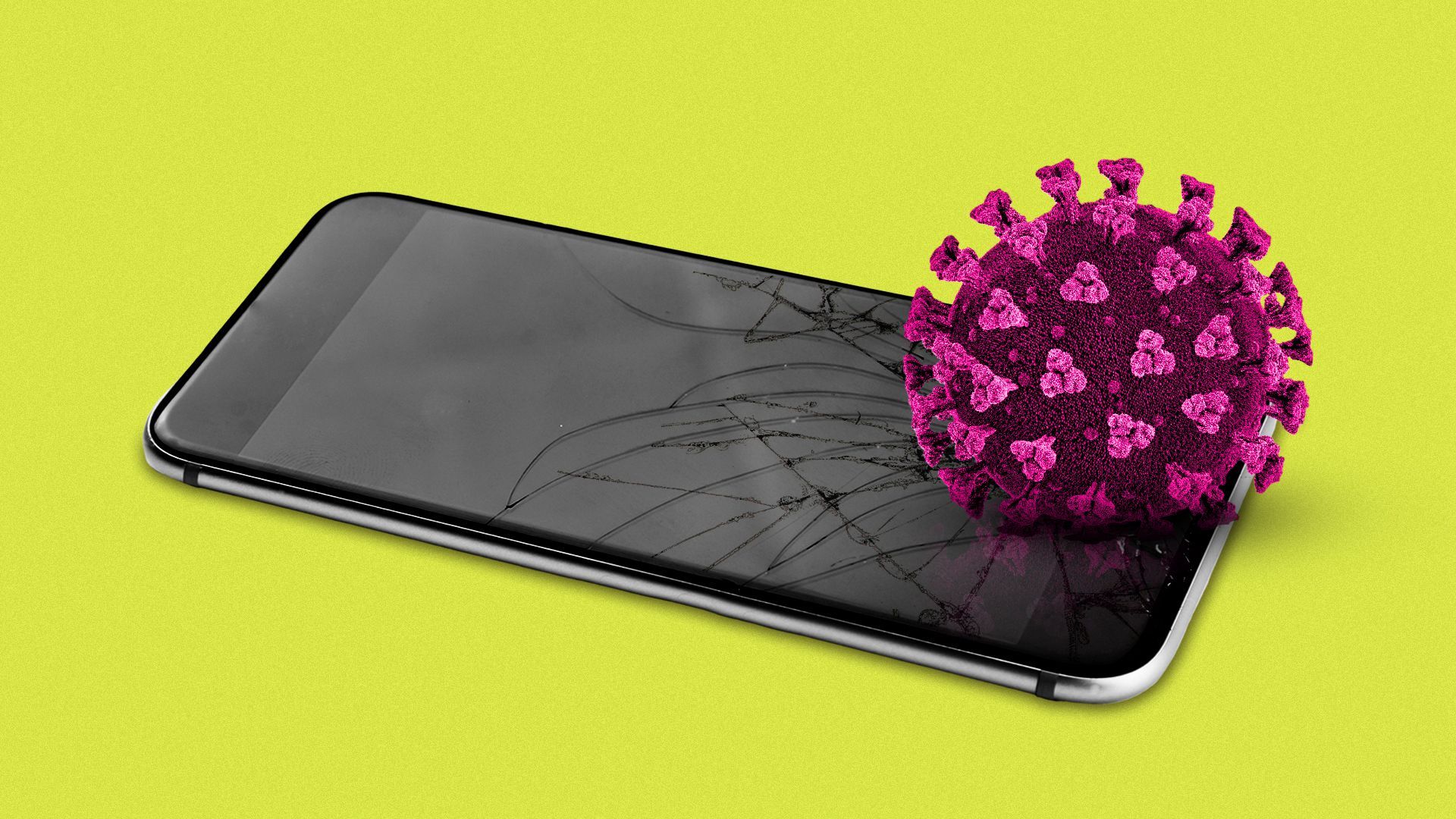Illustration of a cracked smartphone with a covid virus. 
