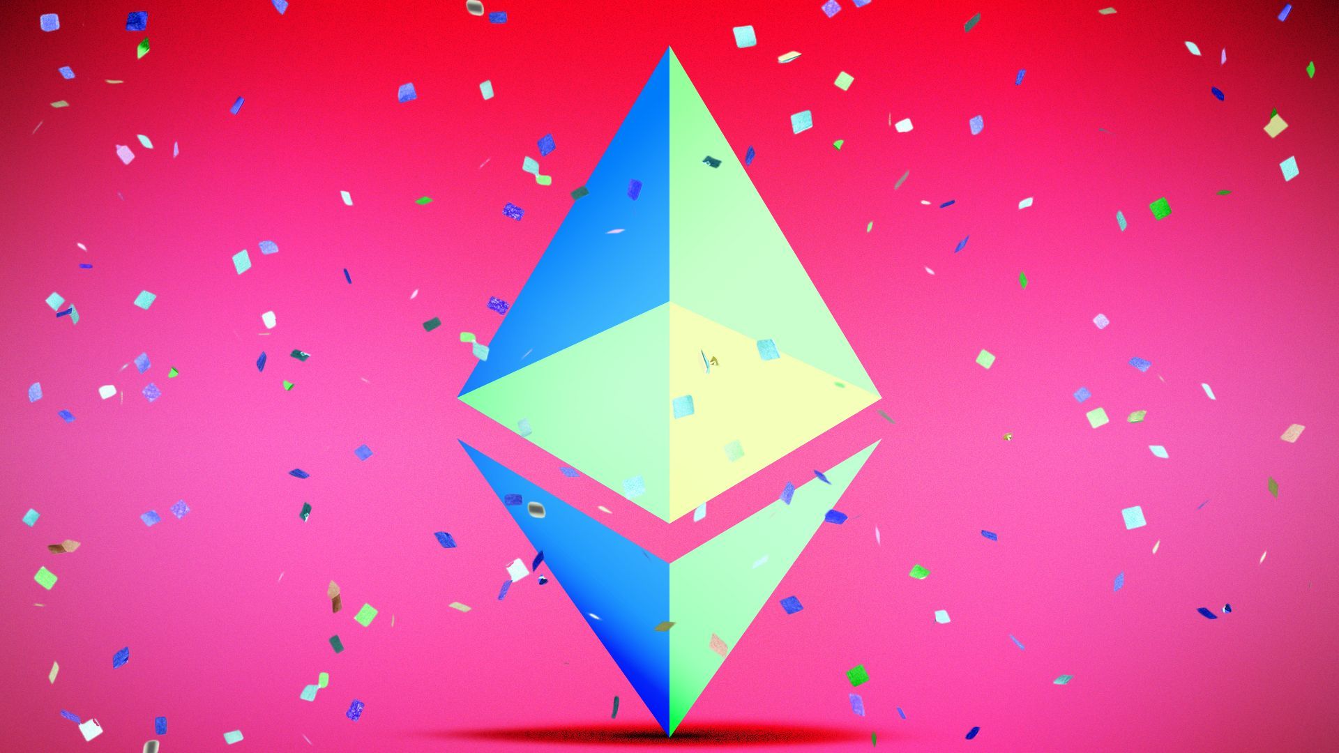 Illustration of the Ethereum logo brightly colored and placed under falling confetti.