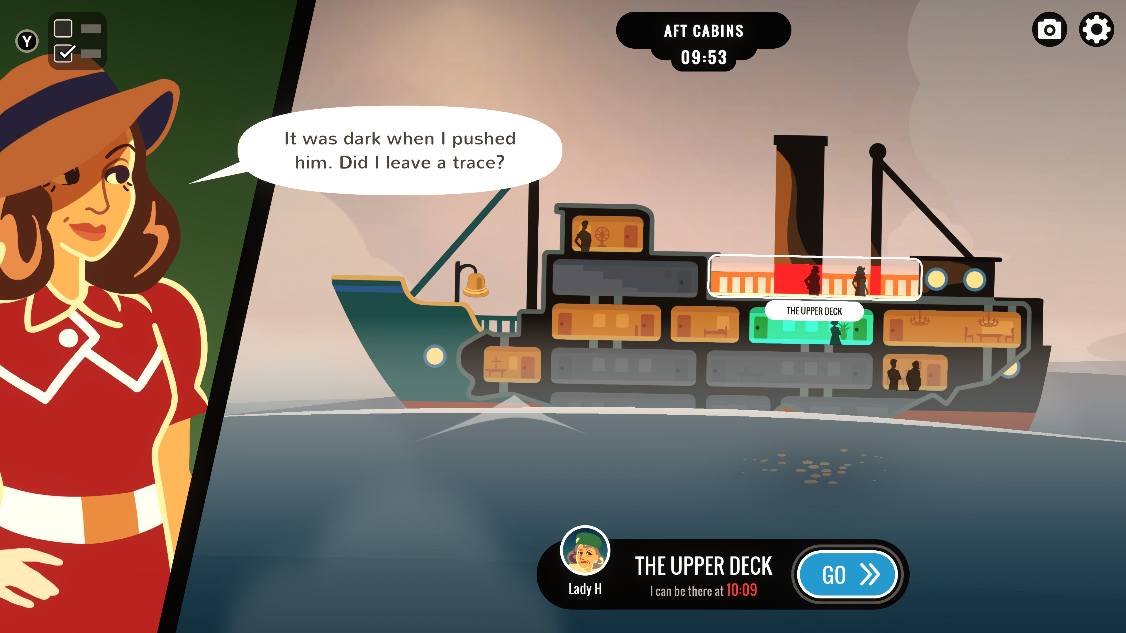 Screenshot of a woman wondering if she left a trace of the murder she committed. She stands next to a cross-section of the ship she is on.