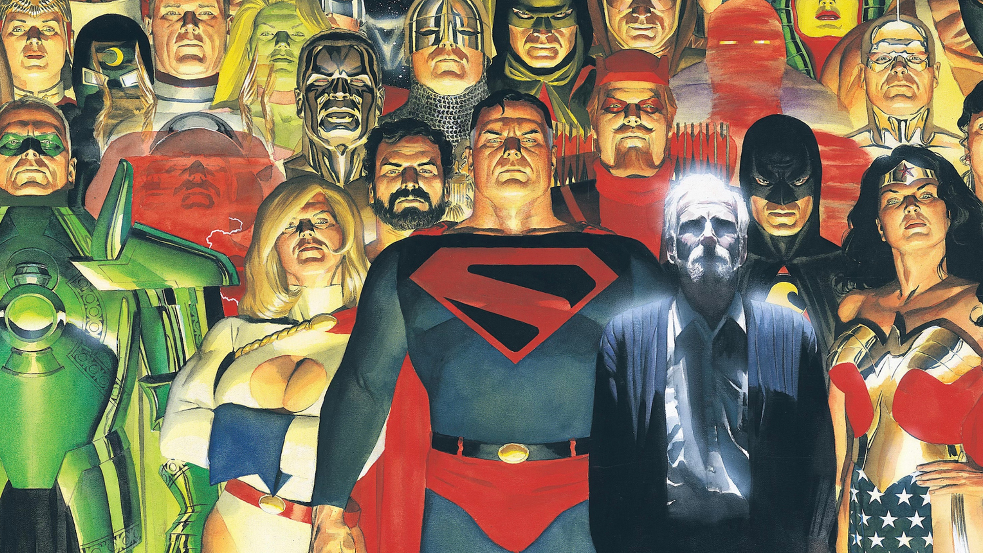 Detailed collage of superheroes with a black and white figure of an old man.