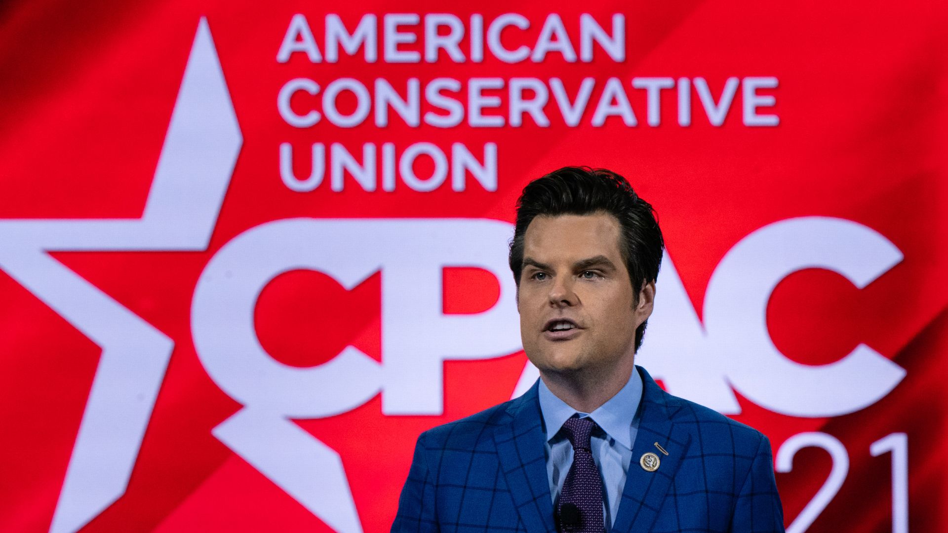 Rep. Matt Gaetz is seen addressing the Conservative Political Action Conference.