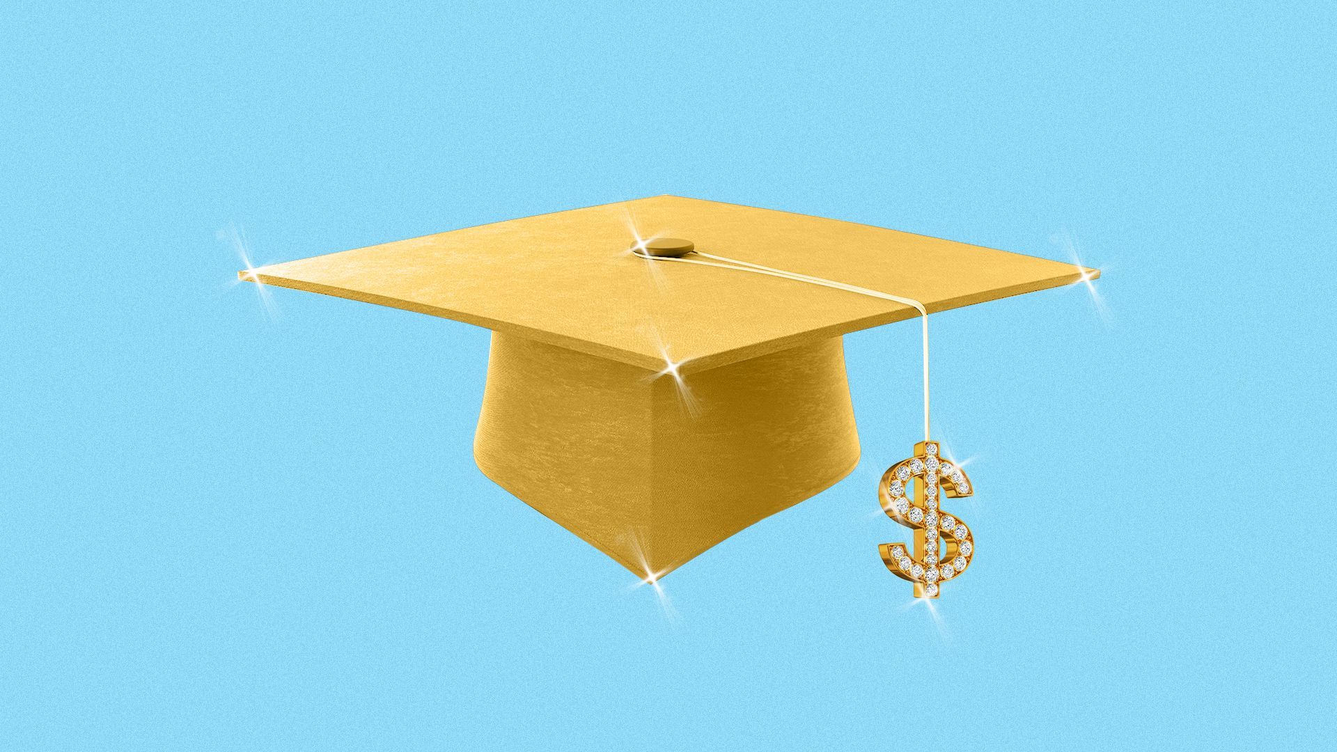 Illustration of a graduation cap made of gold with a diamond encrusted "$" hanging from the tassel.