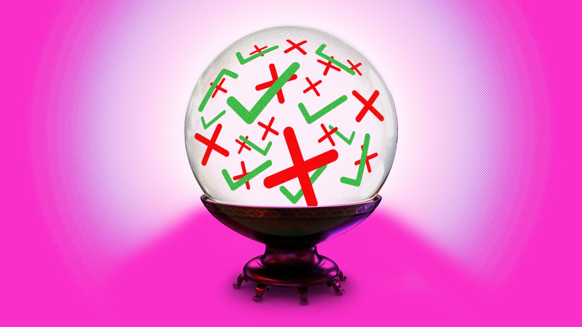 Illustration of a crystal ball with check marks and plus signs inside.