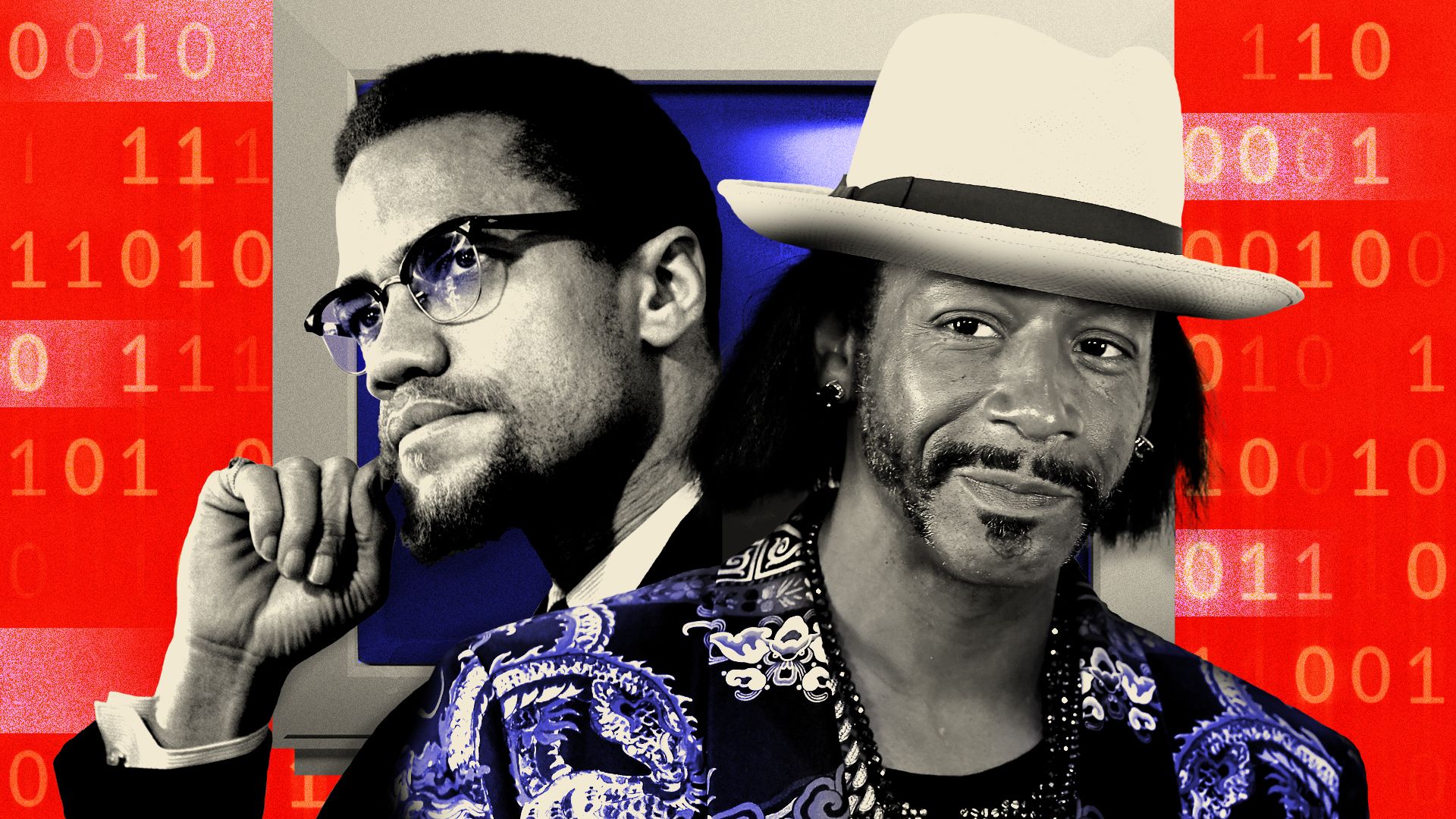 Photo illustration of Malcolm X and Katt Williams in front of a computer monitor and a background of binary code