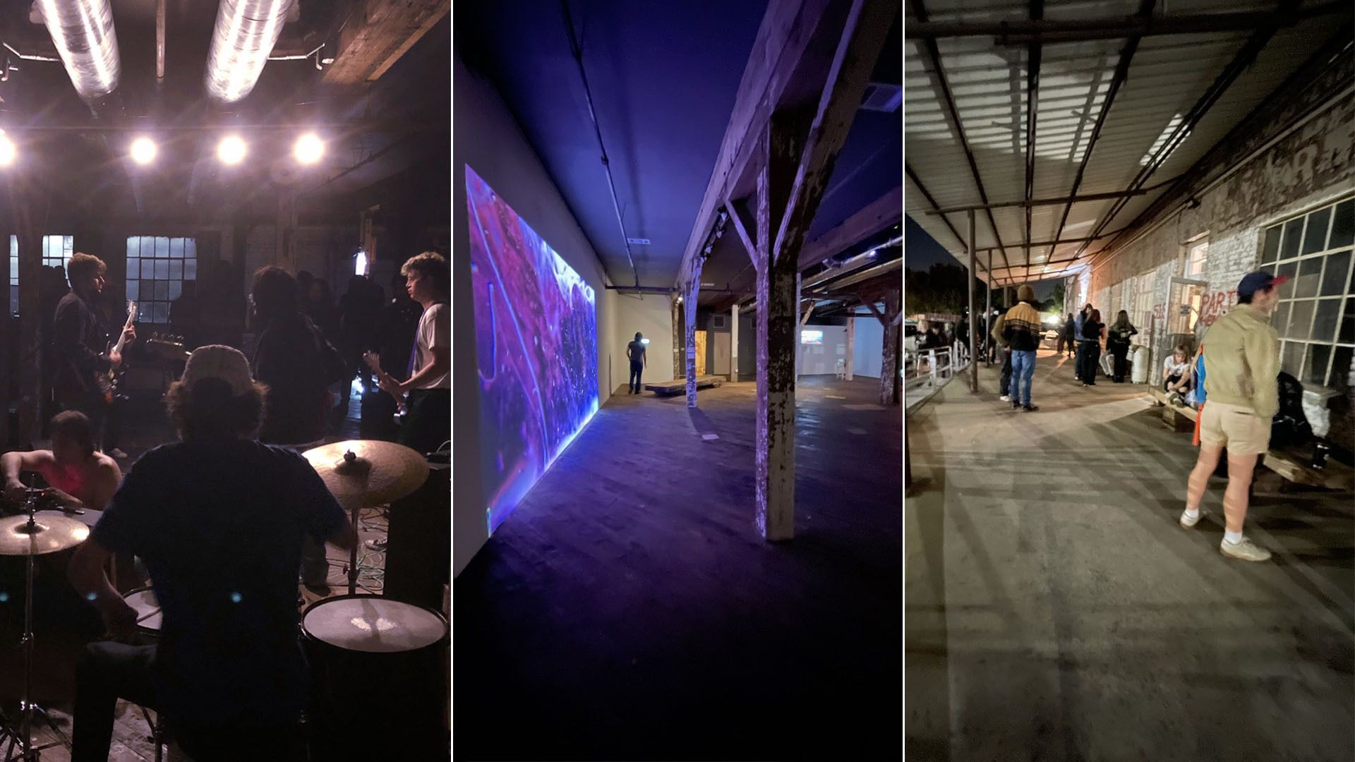 Three photos showing a band playing in a dark venue, a man in a gallery next to a large-scale video installation, and people mingling on a warehouse loading dock during an arts event