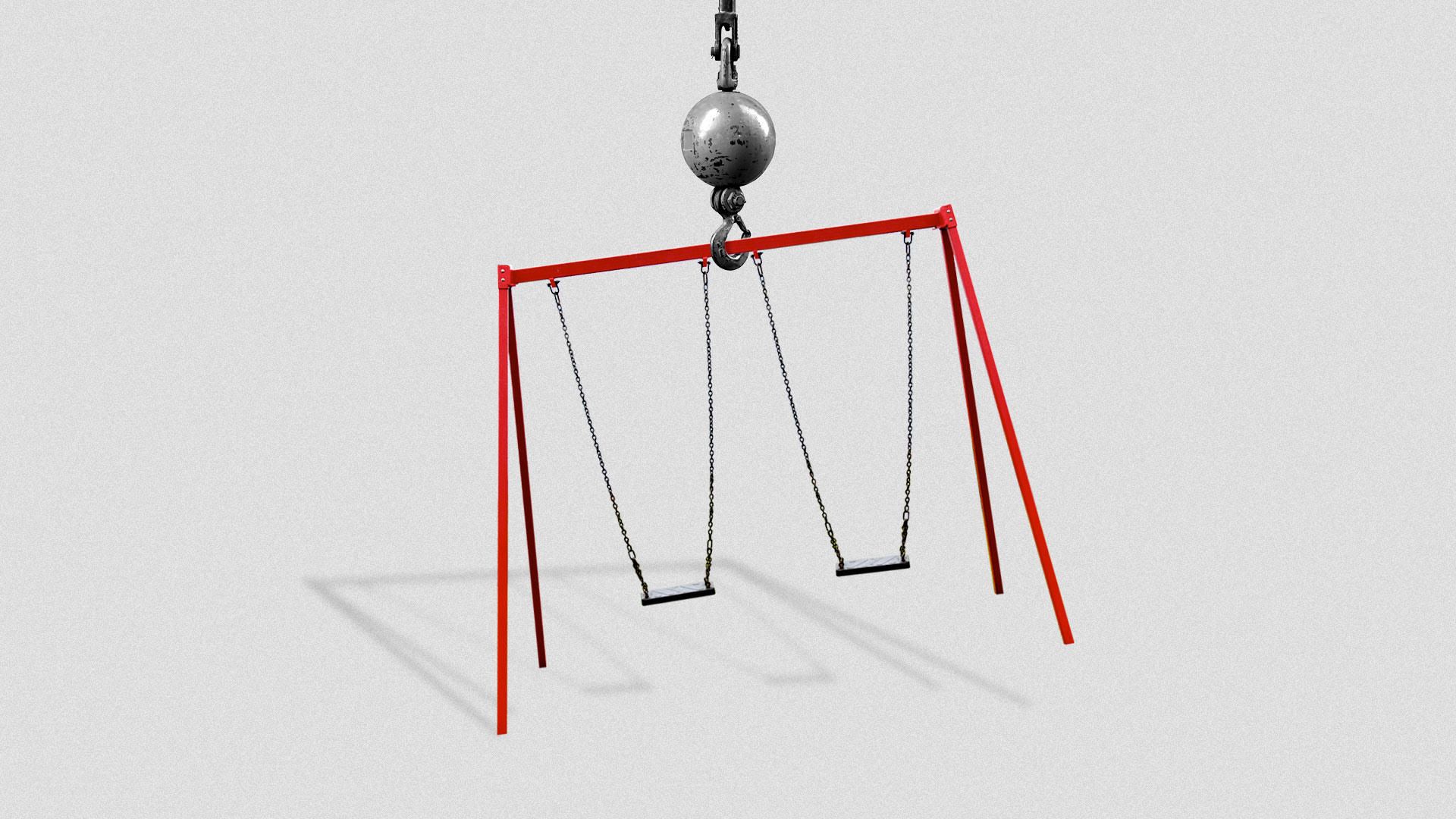 Illustration of crane setting down playground swing set.