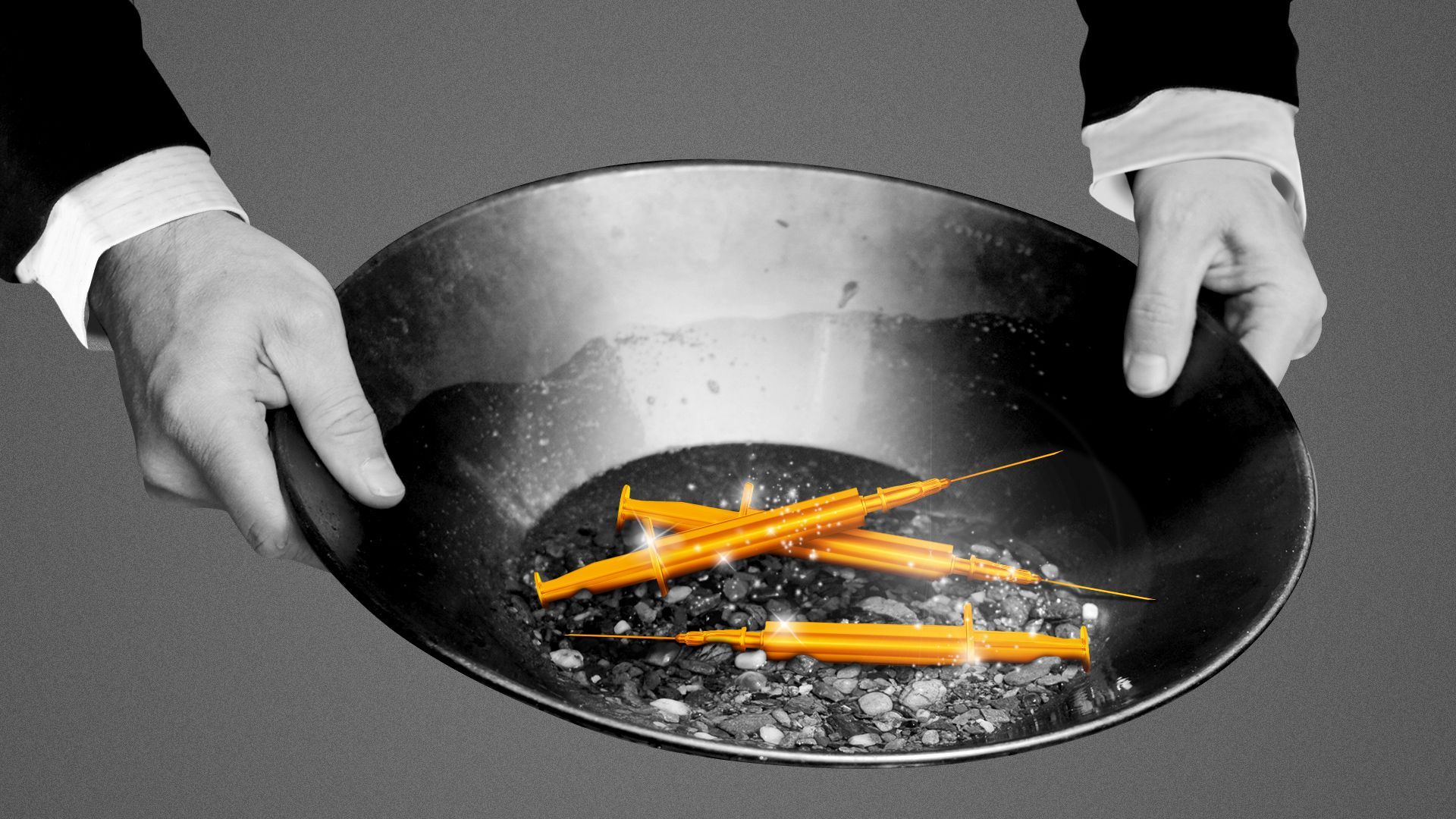 Illustration of a miner's pan showing three sparkling golden syringes.  