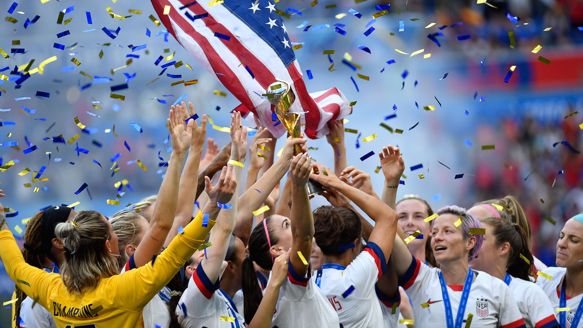 USA's players celebrate with the trophy after the France 2019 Womens World Cup football final match.