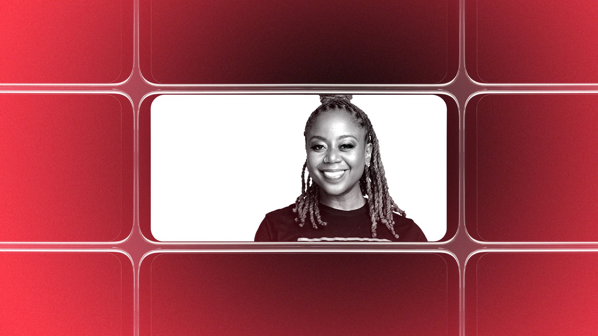 A photo of Slutty Vegan founder and CEO Pinky Cole in a series of screens