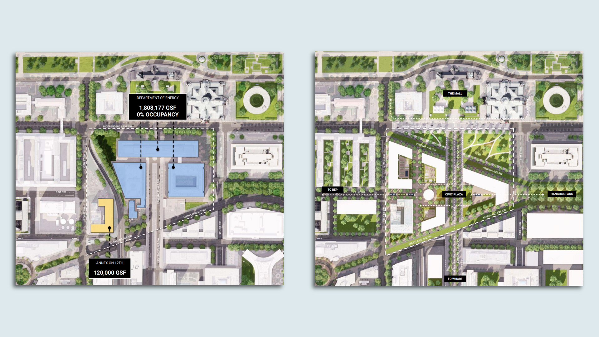The Department of Energy building is highlighted in a rendering on the left, while a rendering on the right shows how it could be redeveloped