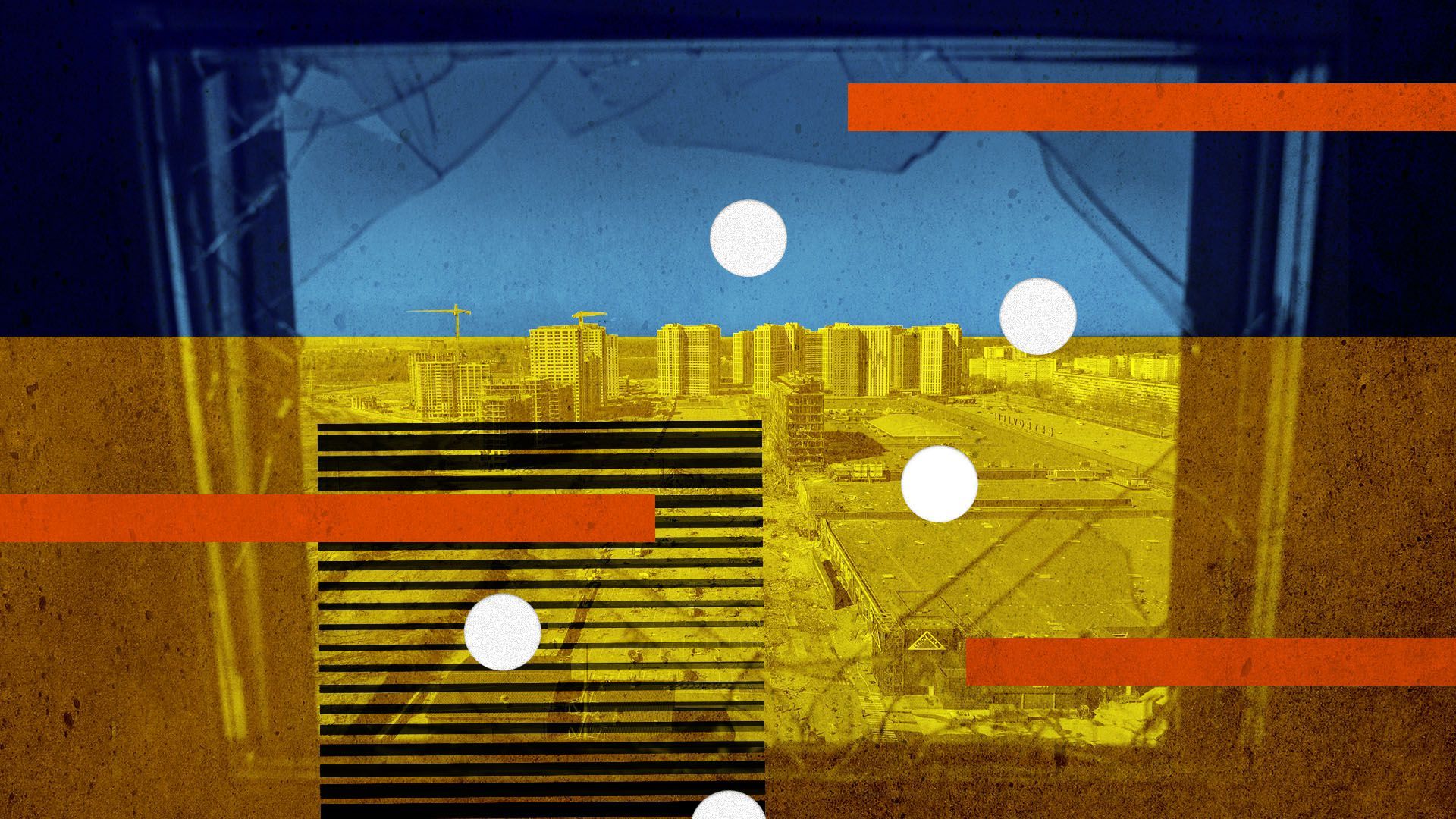 Photo illustration of a broken window looking out over Kyiv