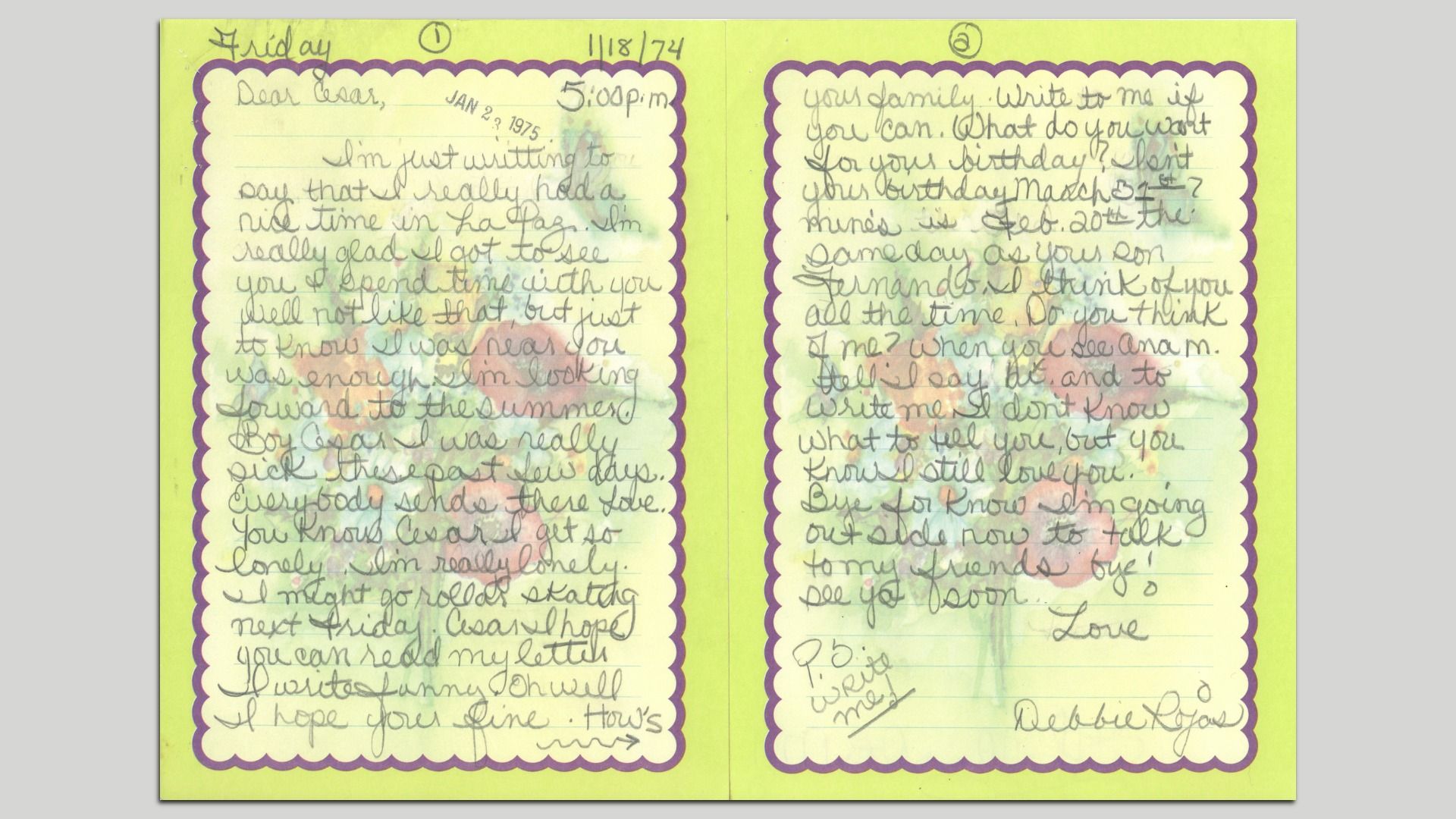 A 1974 letter from Debra Rojas to César Chávez. The letter is stored at the Walter P. Reuther Library at Wayne State.