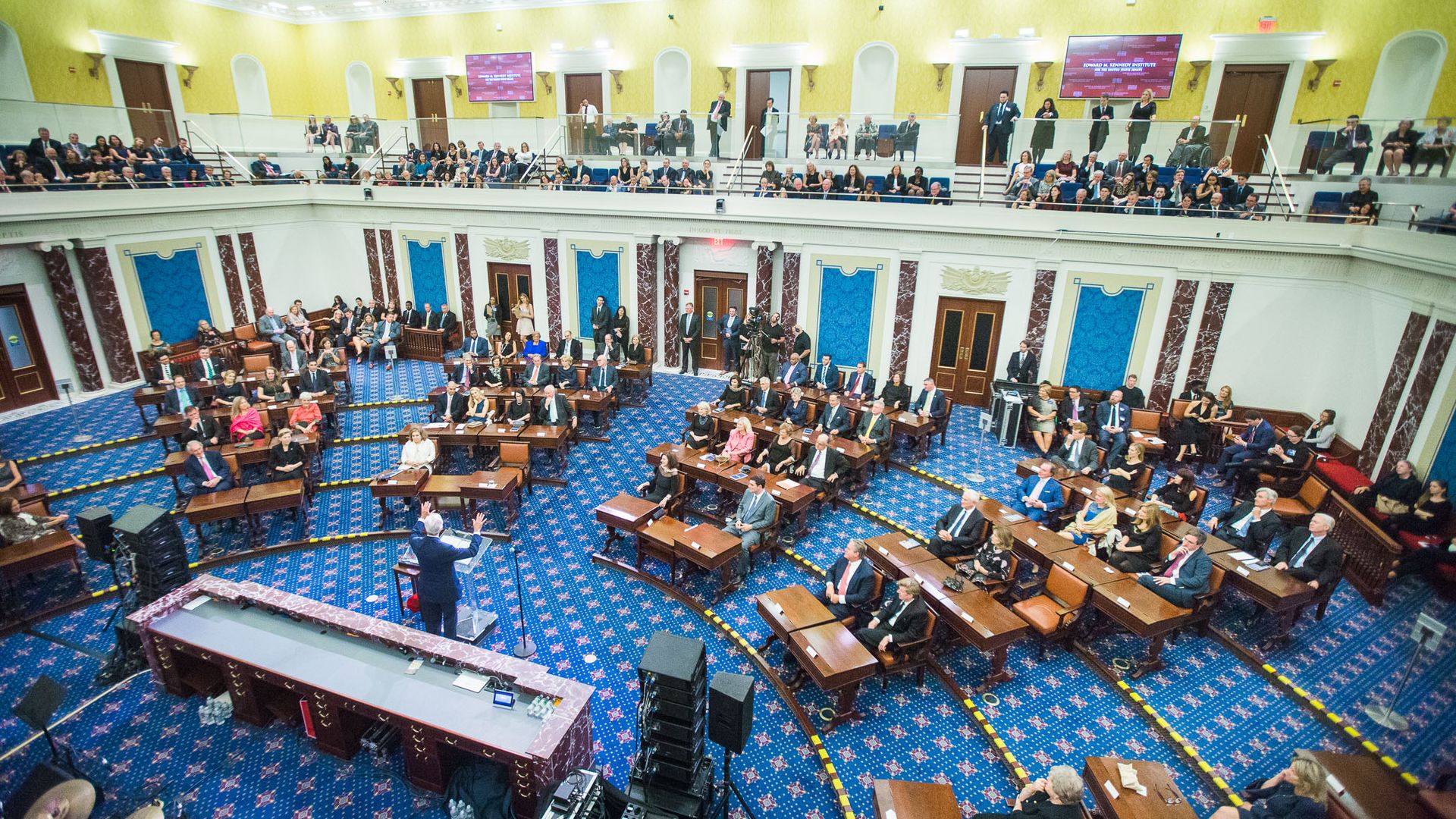 Photograph of a full-sized replica of the U.S. Senate at the Edward M. Kennedy Institute