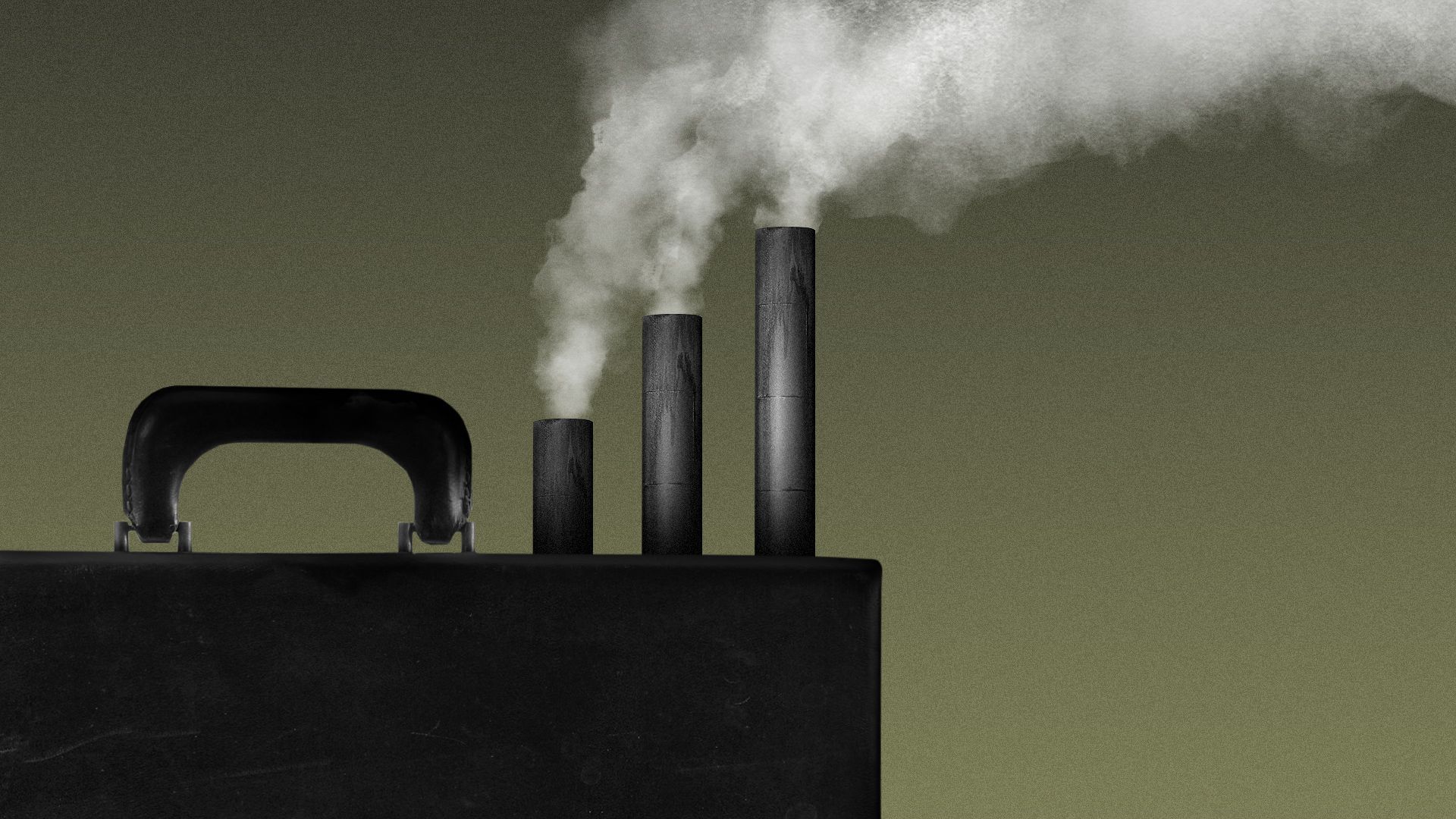 Illustration of a briefcase with three smoke stacks with carbon fumes coming out. 