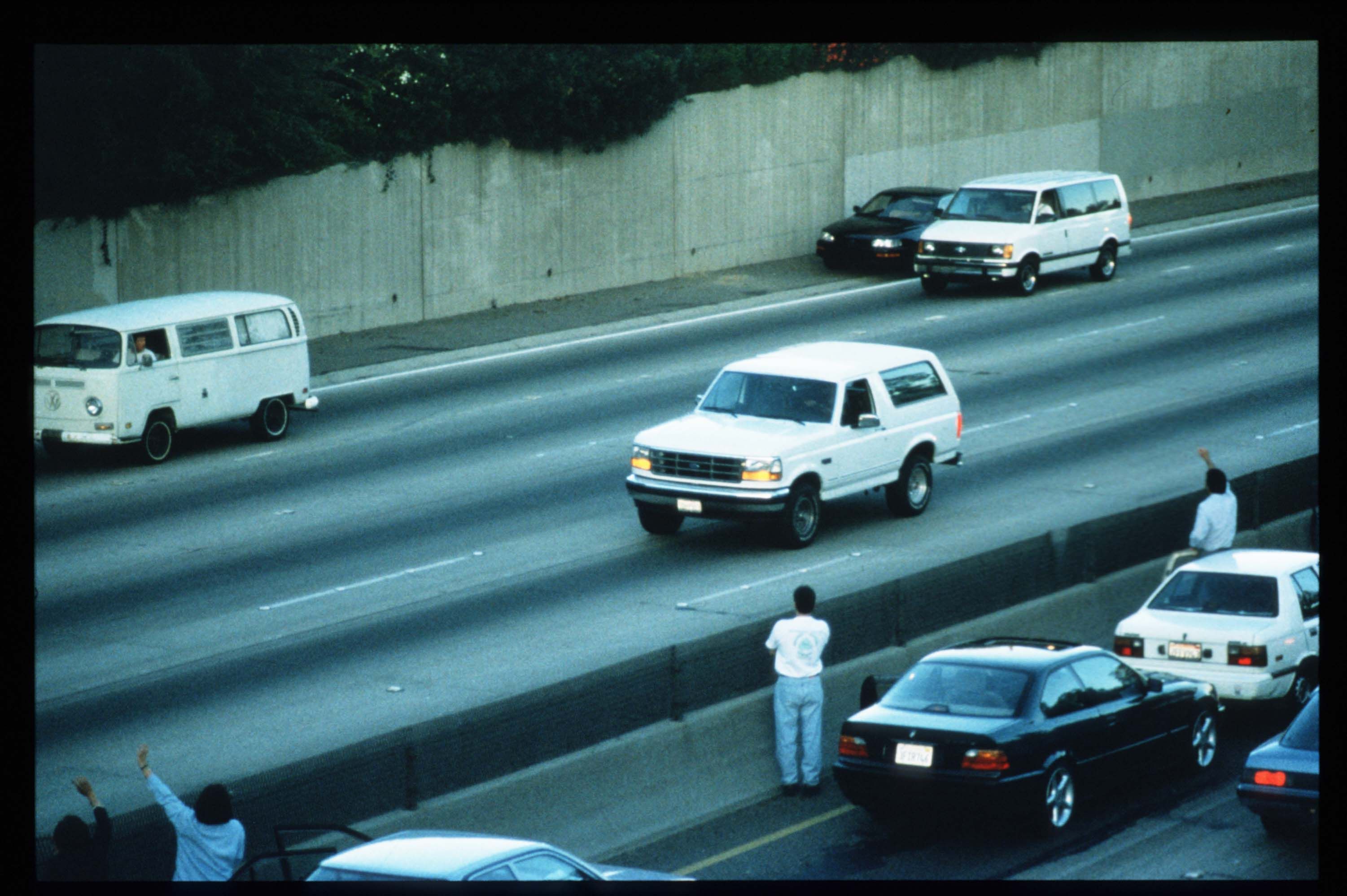 The Ford Bronco  driven by Al Cowlings, carrying O.J. Simpson during a police chase on June 17, 1994.