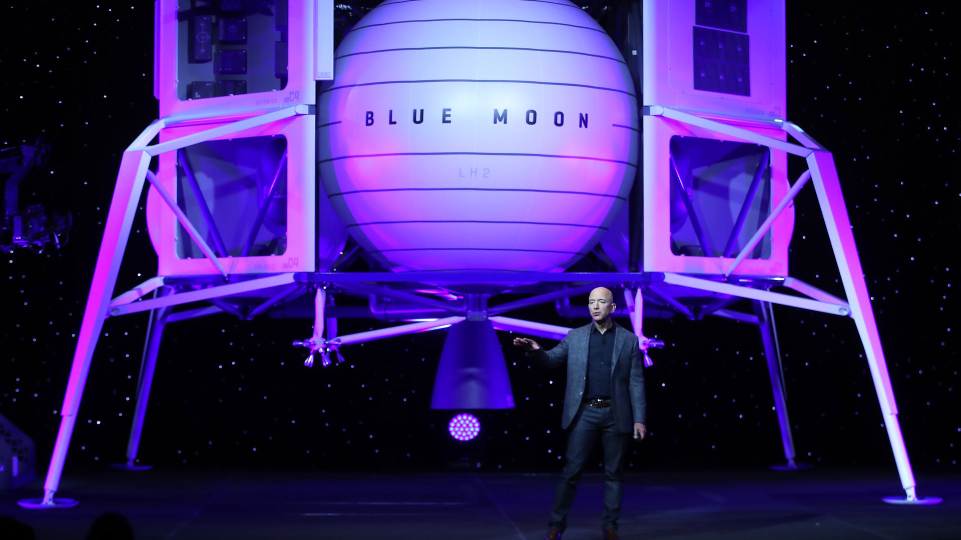 Jeff Bezos in front of Blue Origin's new lunar landing module Blue Moon