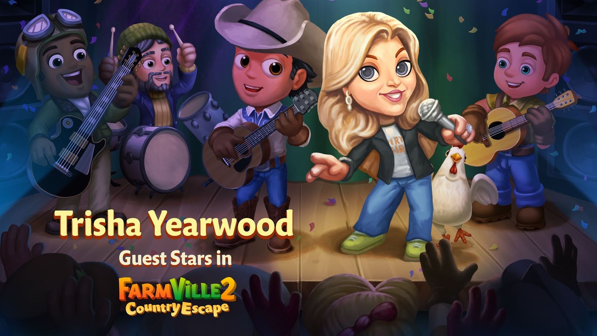 A promotional image of Trisha Yearwood's avatar in Farmville 2
