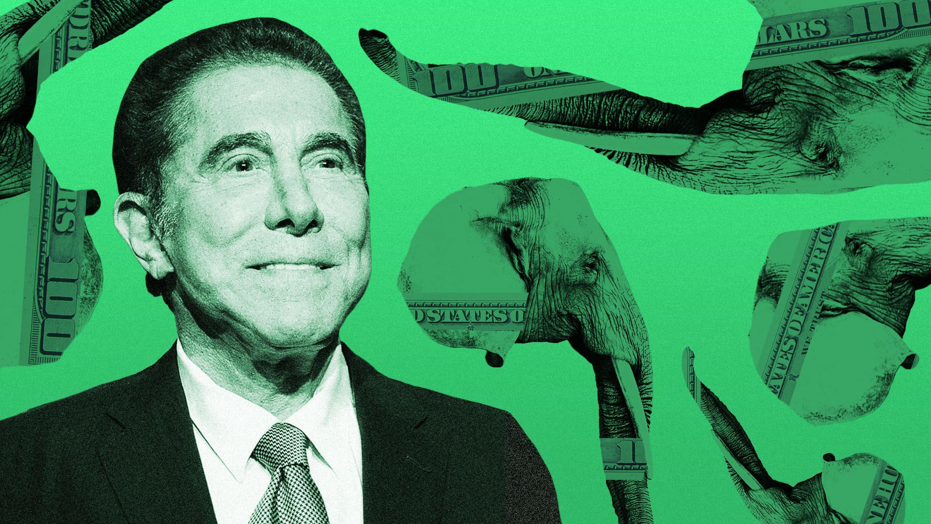 Photo illustration of Steve Wynn against a background of elephant heads and dollar bill elements.