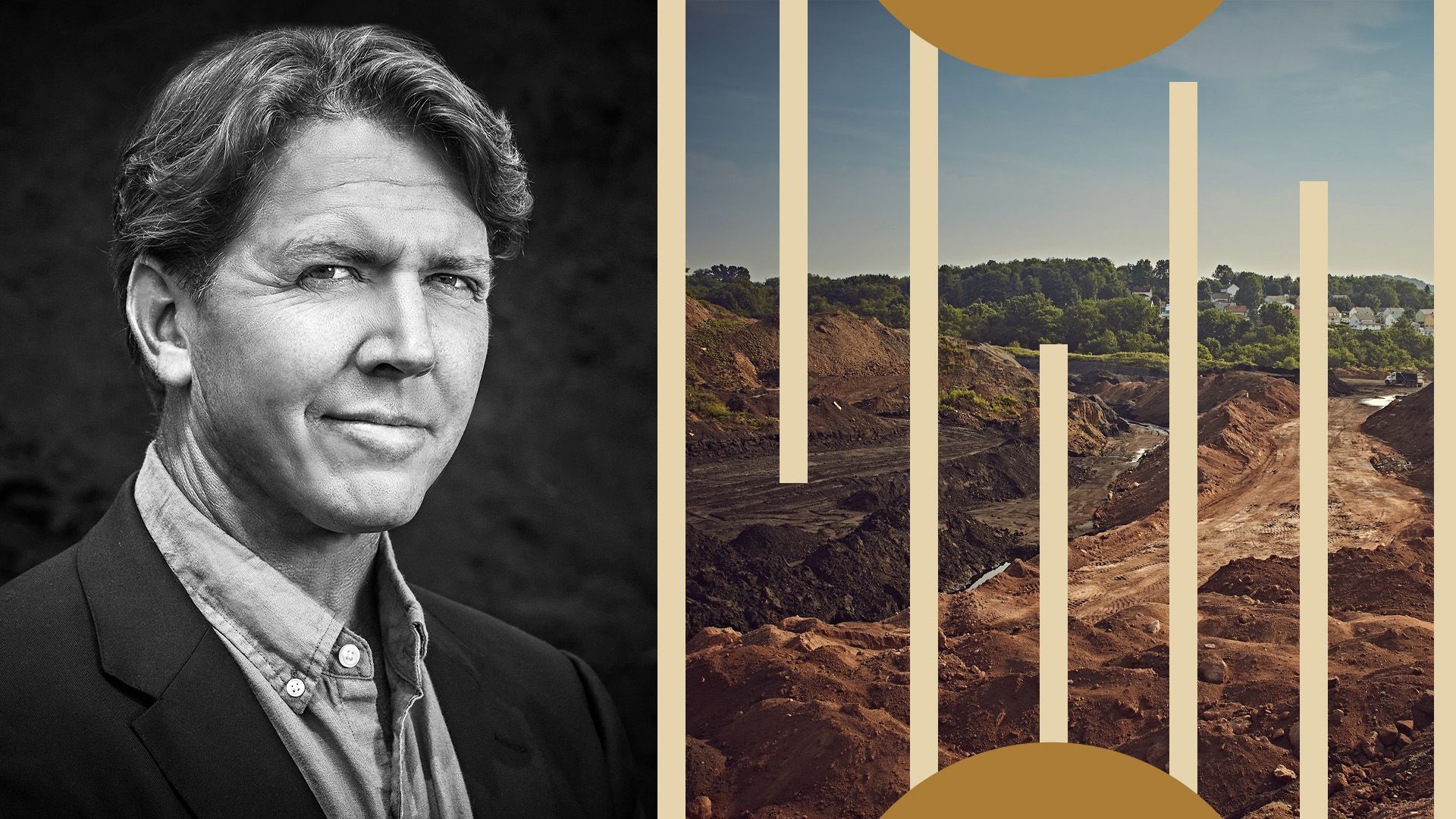 Photo Illustration of Greg Beard of Stronghold next to imagery of waste coal piles