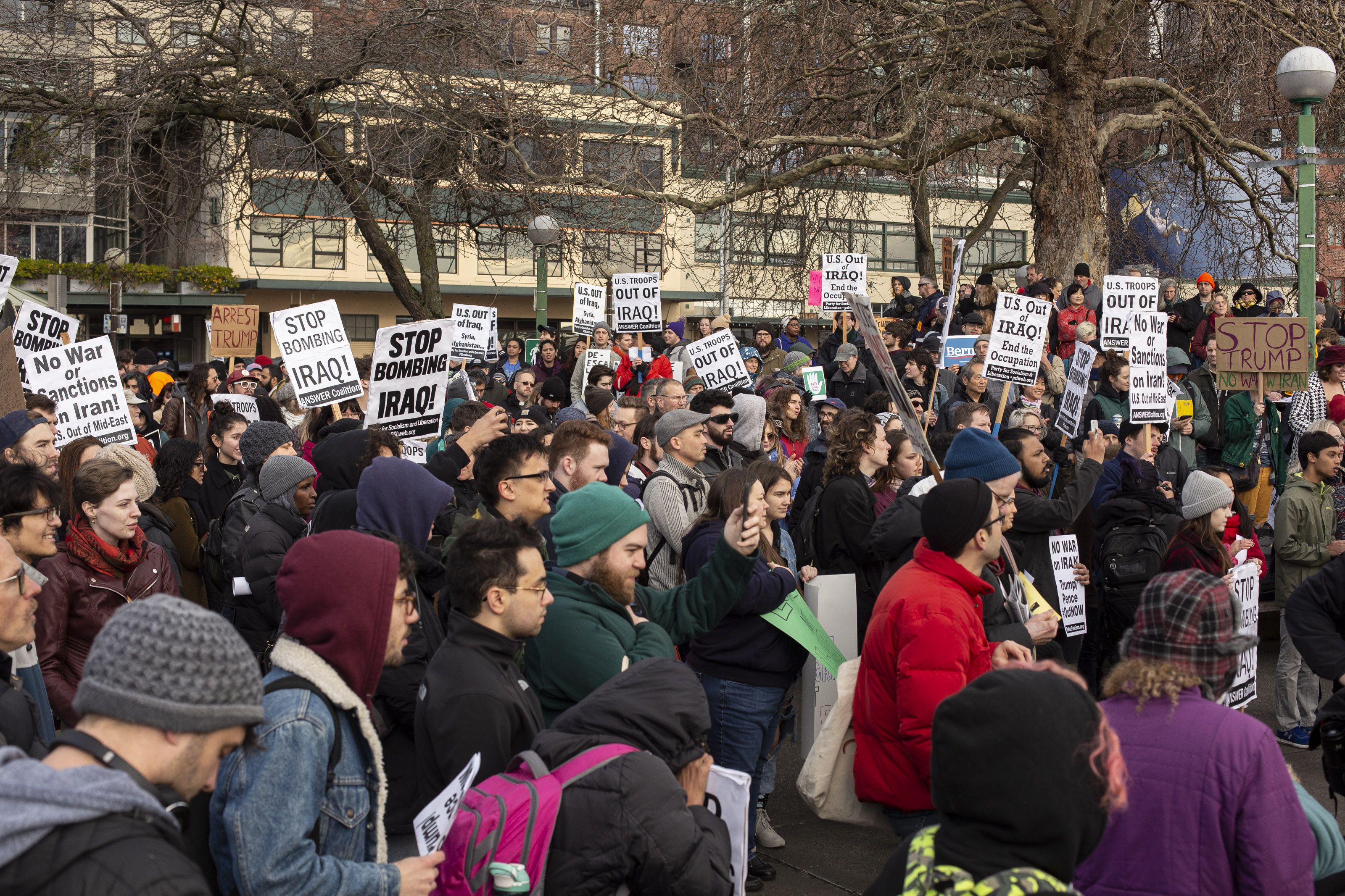 Anti-war demonstrators rally on January 4, 2020 in Seattle, Washington