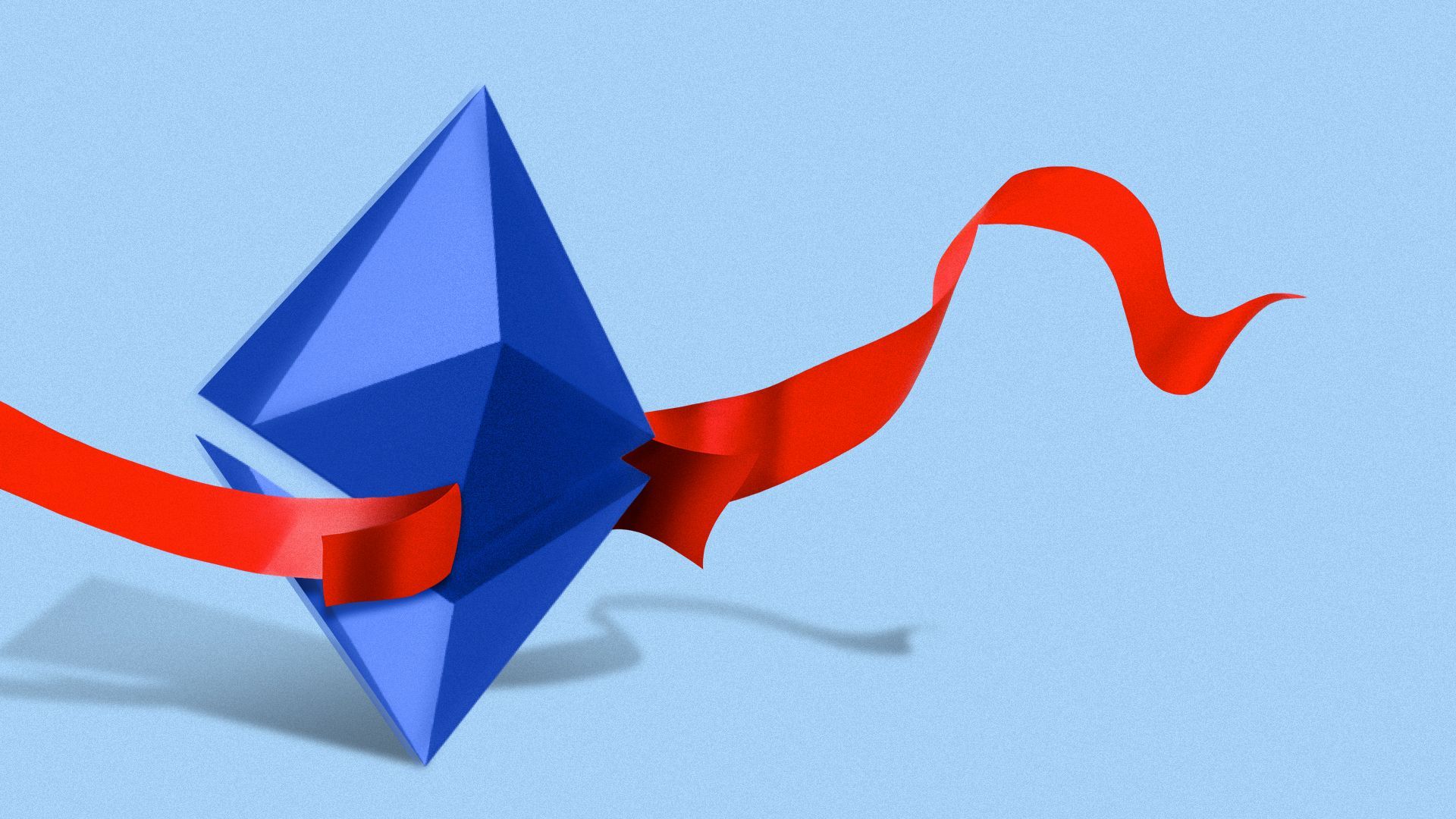 Illustration of the Ethereum logo running through finish line tape.