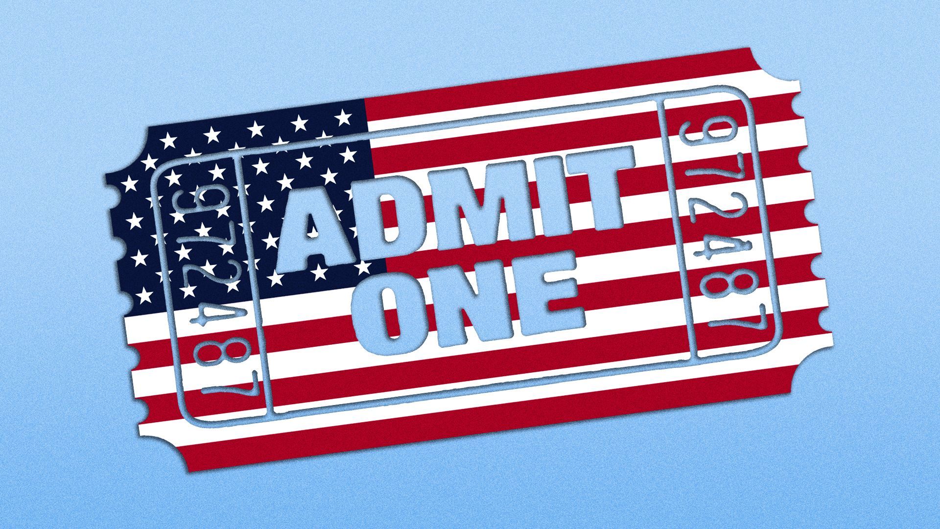 Illustration of an American flag printed on an admit one ticket. 