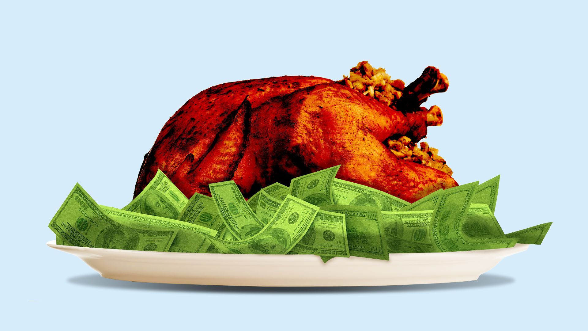An illustration of a turkey in a bed of cash.