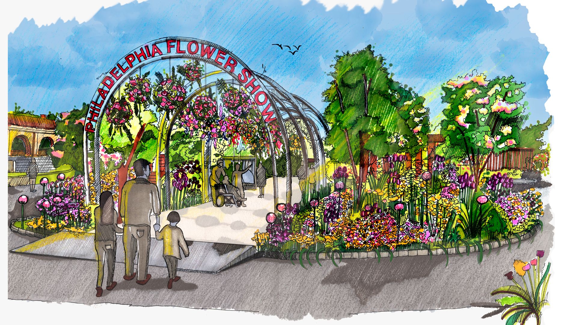 A rendering of the Entry Garden for the 2022 Philadelphia Flower Show.  