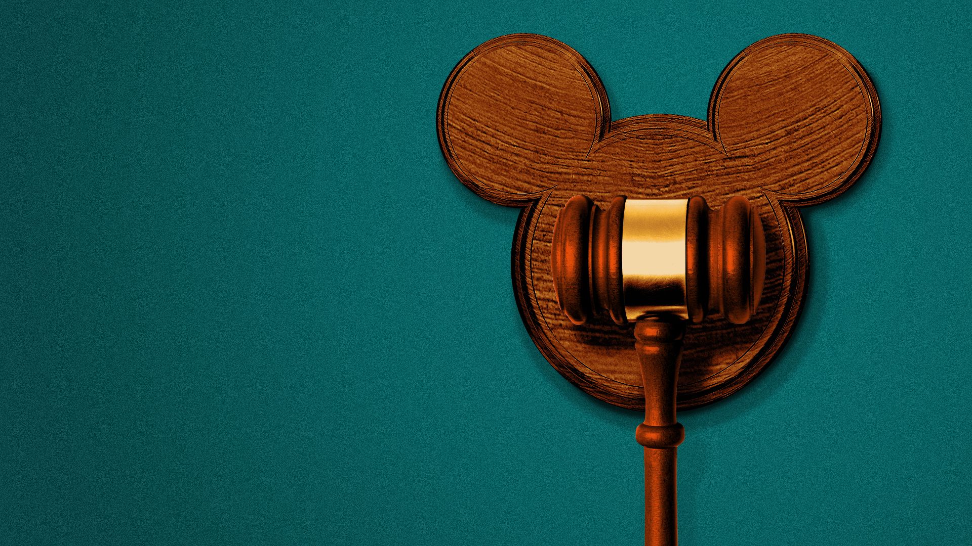 Illustration of a gavel with a block shaped like the Disney Mickey Mouse head logo.