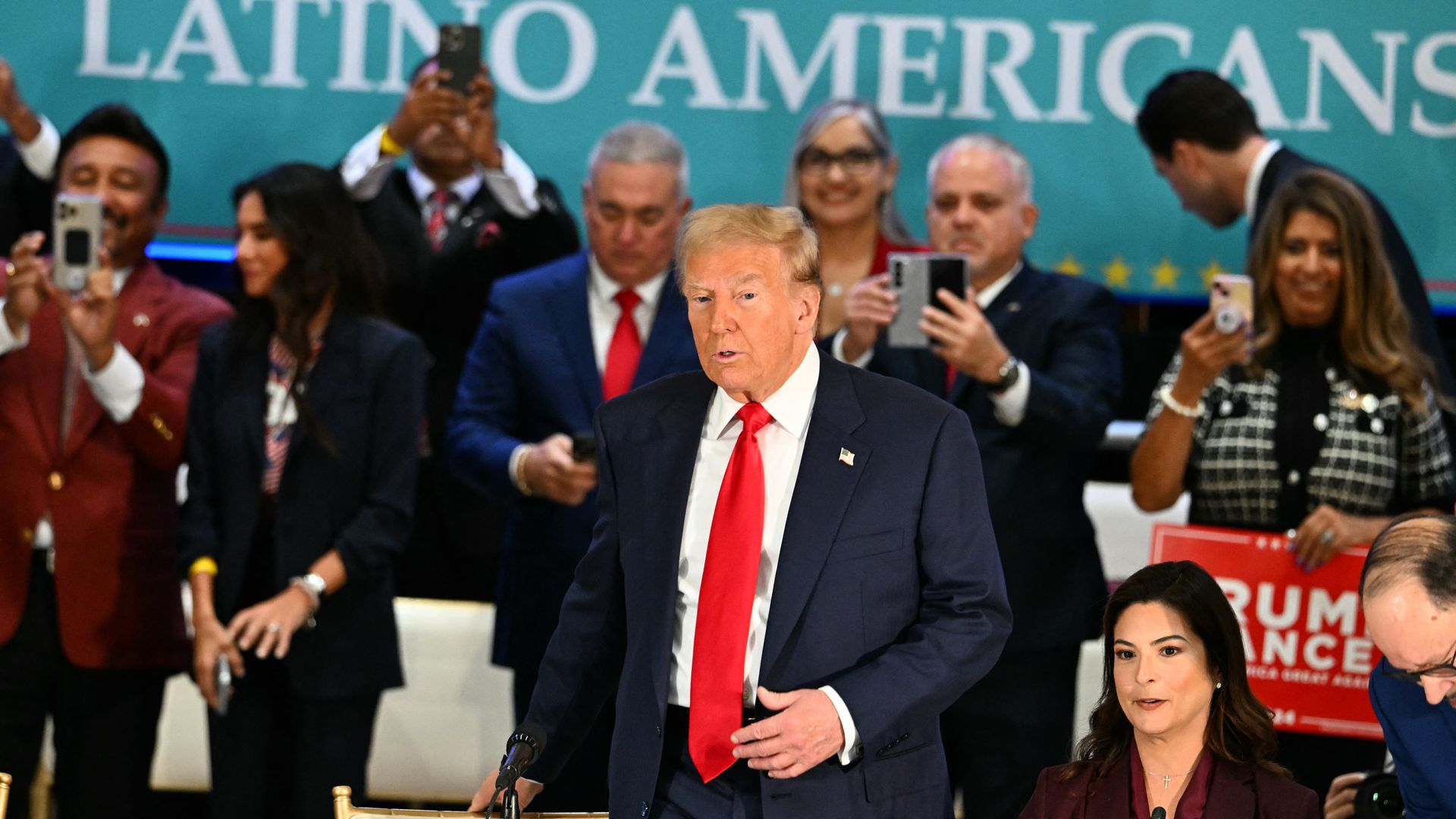 Former US President and Republican presidential candidate Donald Trump attends a roundtable discussion with Latino community leaders at Trump National Doral Miami resort in Miami, Florida on October 22, 2024.