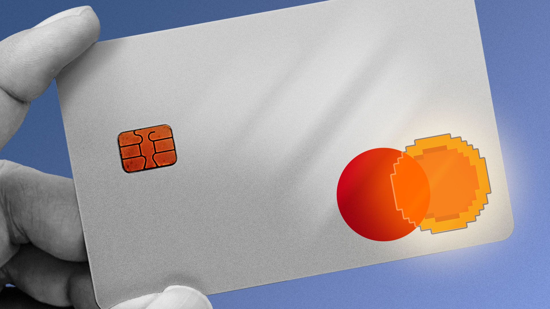 Illustration of a credit card with a Mastercard logo with the orange circle as a pixelated coin
