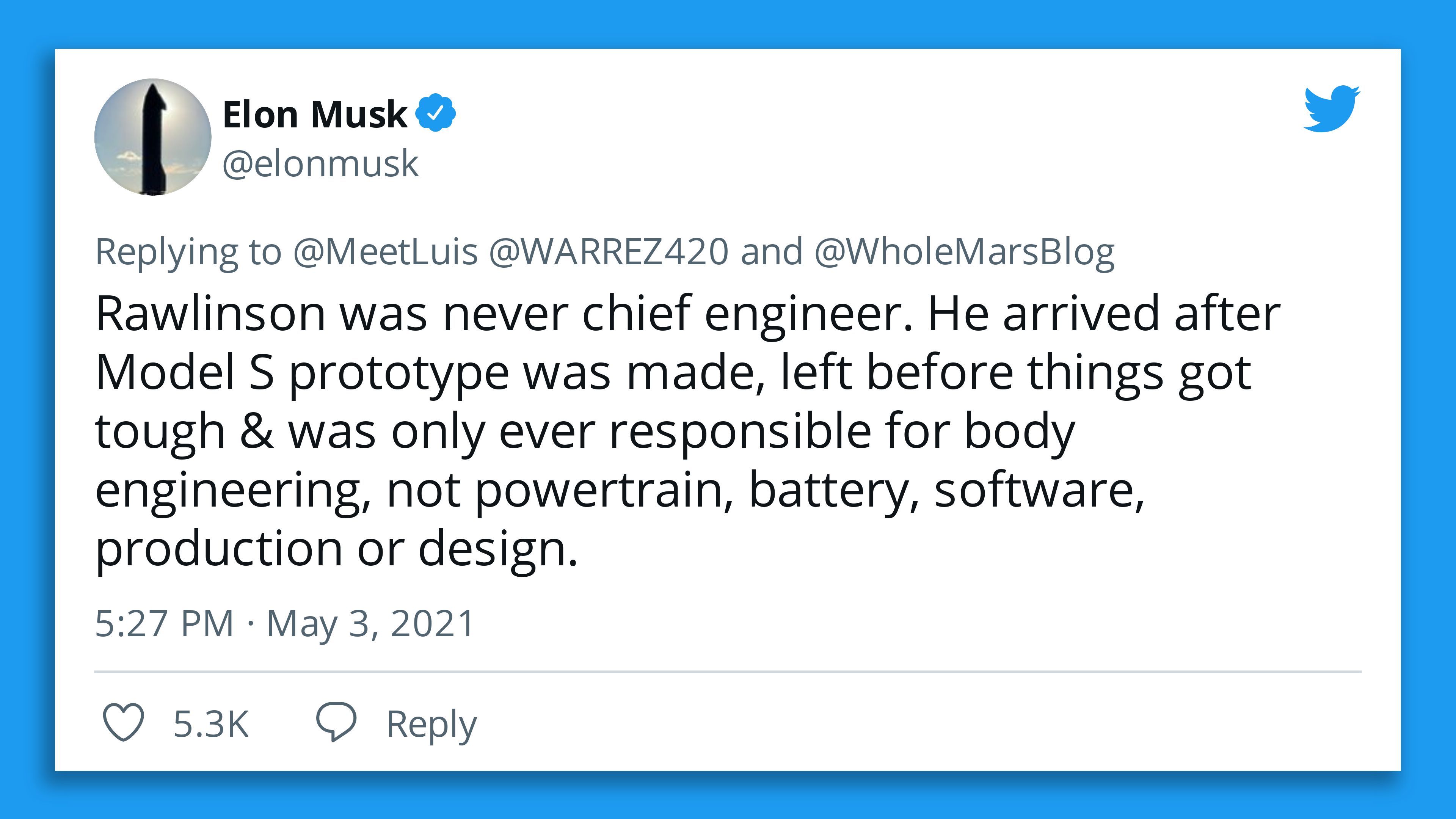 Image of an Elon Musk tweet downplaying the role of Lucid Motors CEO during his days at Tesla