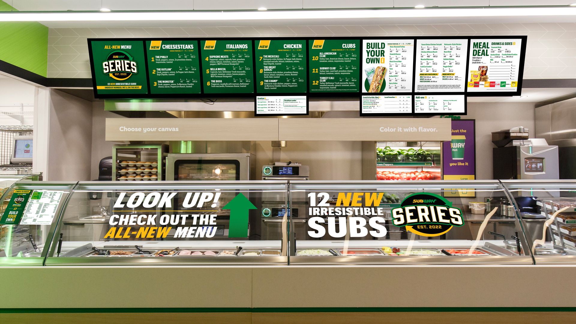 Subway restaurant menu board, counter